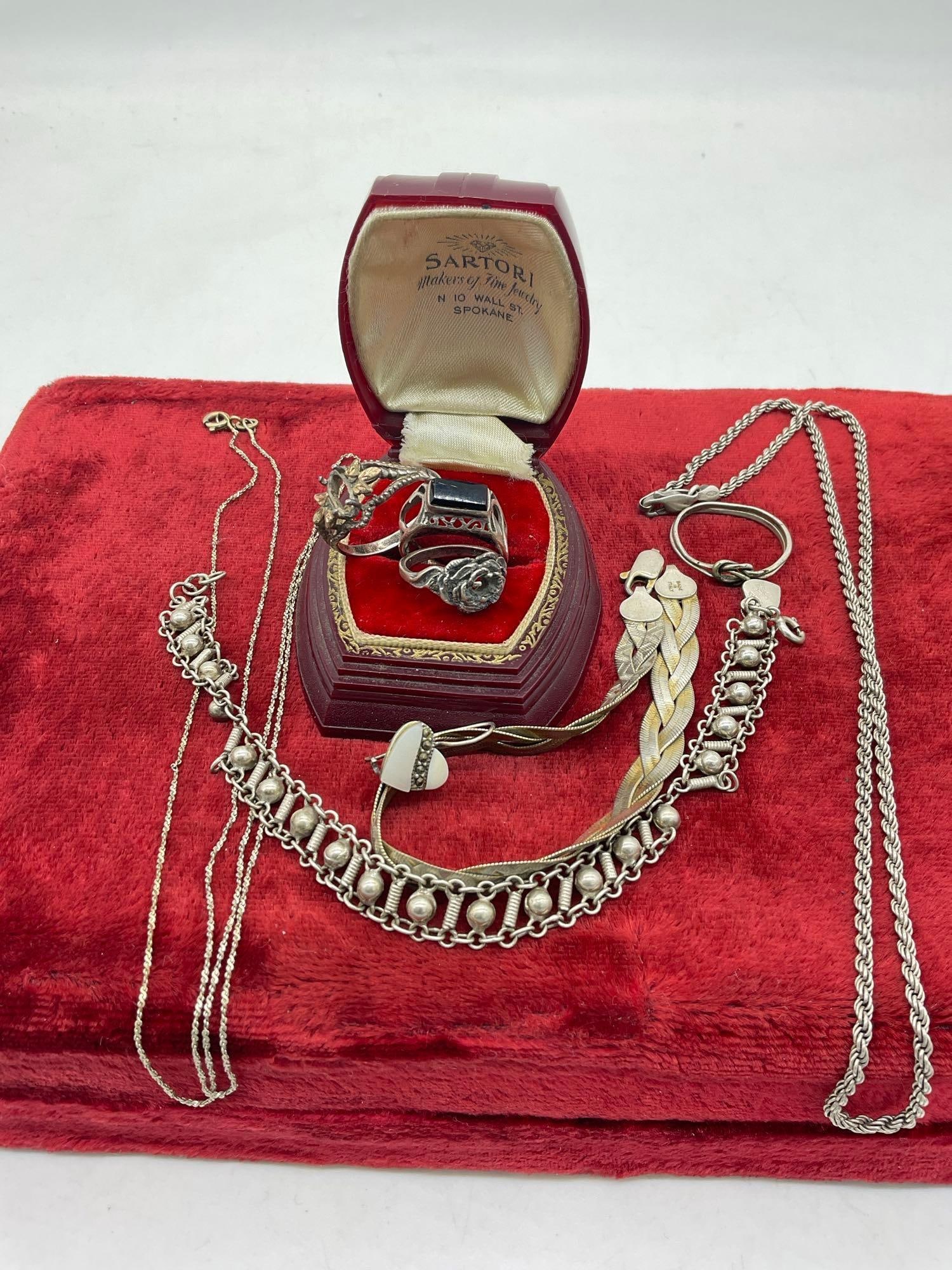 Selection of Sterling silver 2 bracelets (1 vermeil) , 4 rings , 2 necklaces 1 earring: C-3970 One bracelet need repair see pics , 2 rings missing stones 42.23 grams and 1 earring missing it's pair
