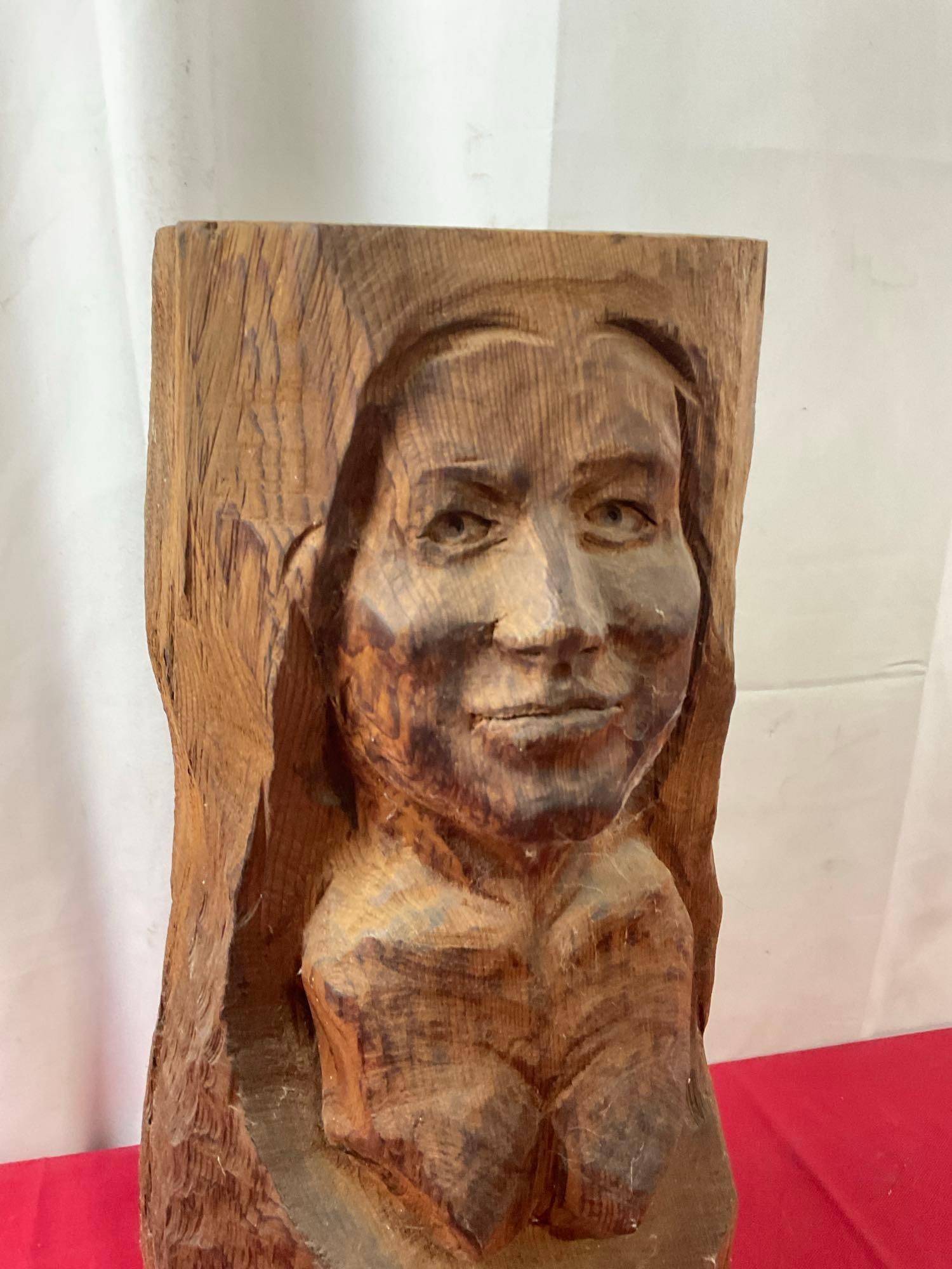 Native American Chainsaw Carving, Planter/ Umbrella stand ? w/ open top, 19h x 9w x 7d inches: Appears to be in good shape. The piece has been carved nicely. Measures approx 19h x 9w x 7d inches. See pics. E-3940