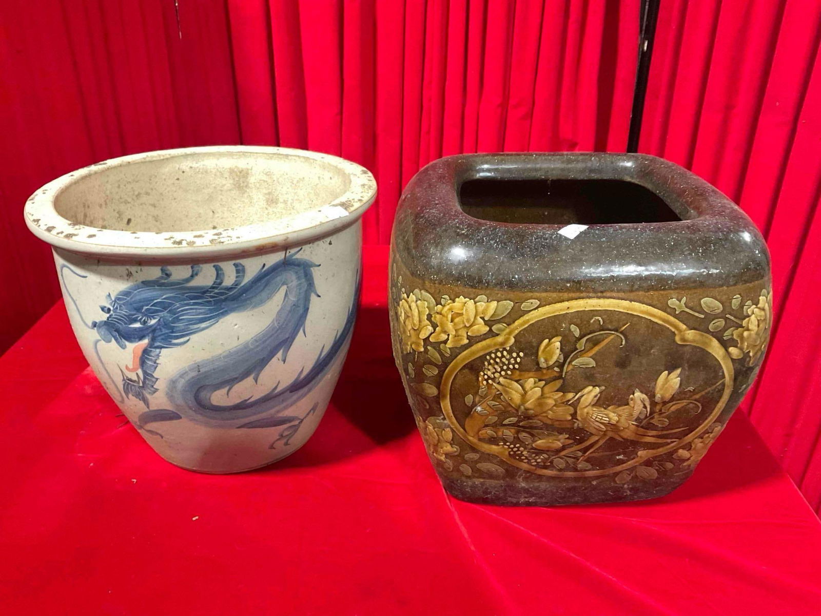 2 pcs Vintage Asian Style Ceramic Pots. 1x White w/ Dragon, 1x Brown w/ Birds. See pics. (1 of 9)