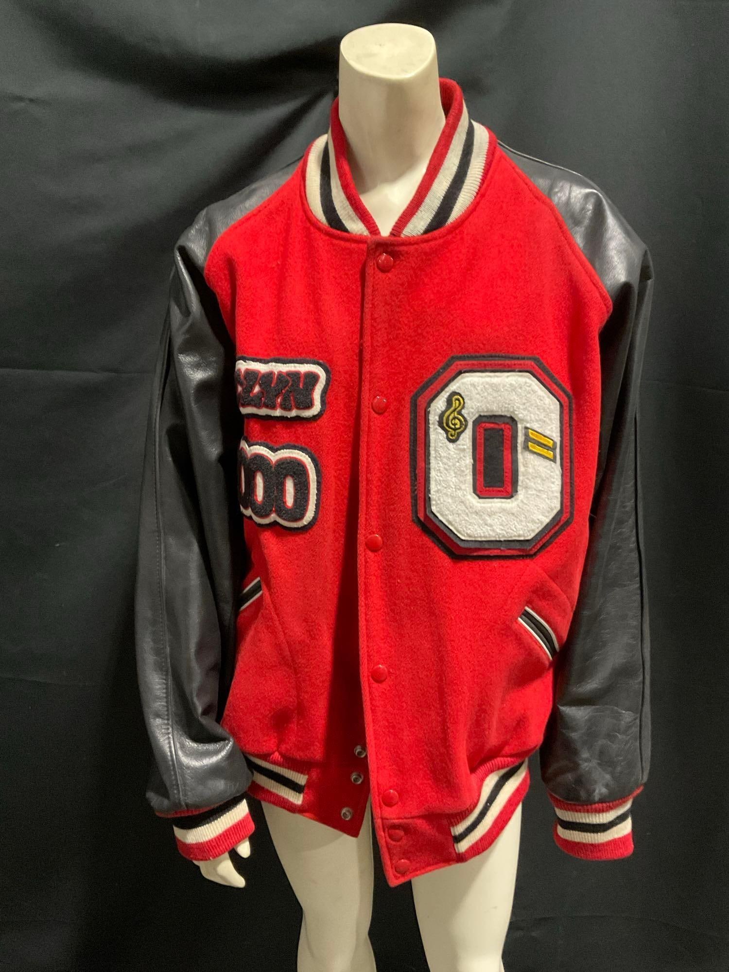 Womens Letterman Jacket, #0, Jaclyn 2000, Red Flannel, Black Leather, w/ striped collar (1 of 3)