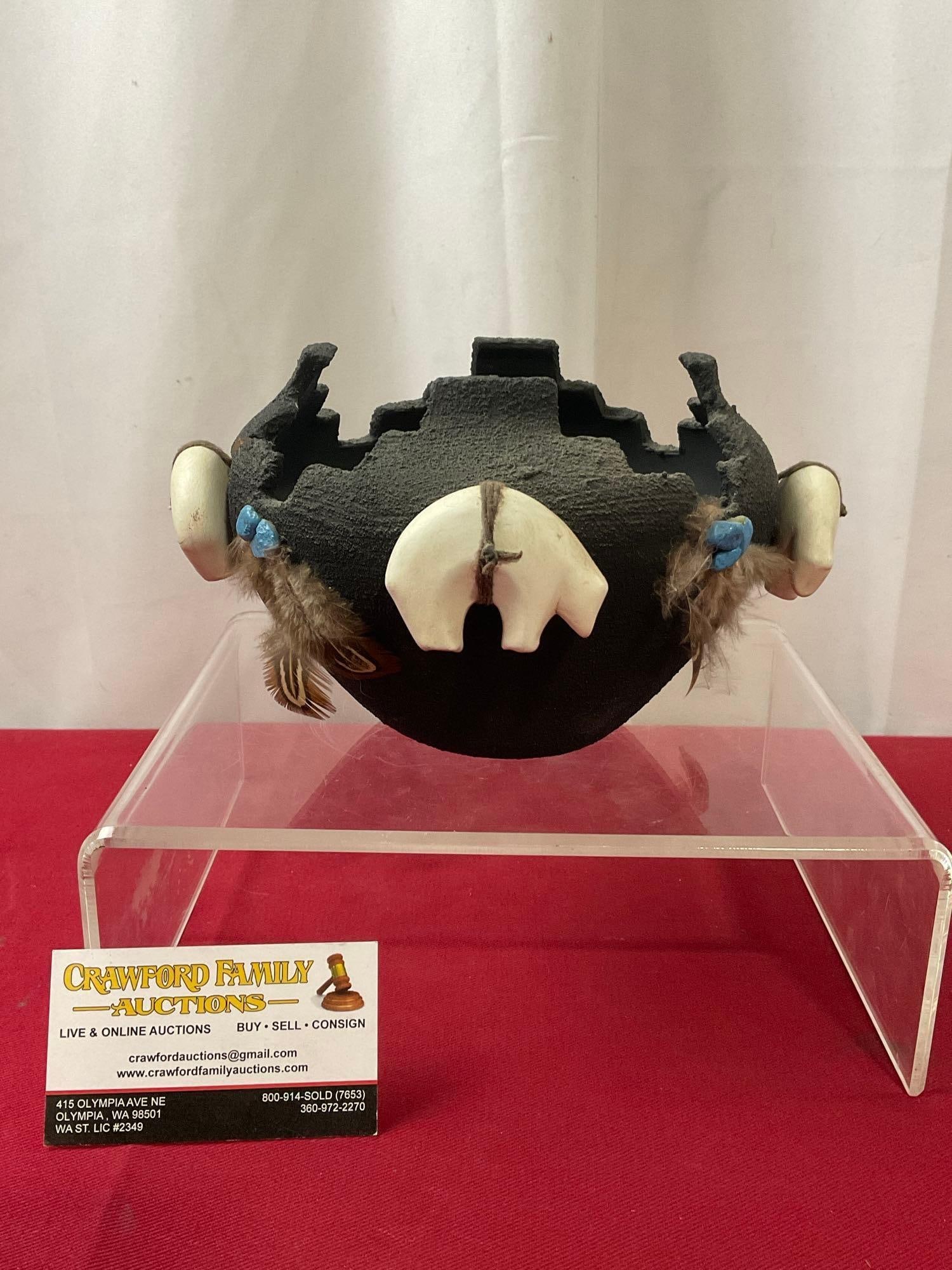 Zuni Pottery Vase, Black Painted, Carved Stone Bears & Turquoise adornments, 4.5h x 6d in, Calavaza (1 of 6)