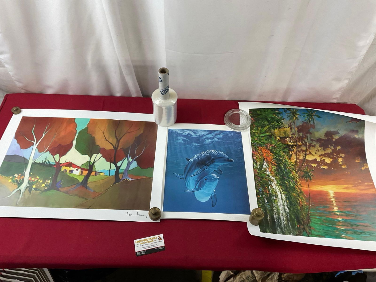 Trio of Prints by Marko Mavrovich, Nicole Suzanne Stahl & Itzchak Tarkay House in the Hills: The Marko piece is titled I Think of You This Time of Day, the Nicole Suzanne Stahl Dolphin piece is numbered 536/1250. Appears to be in good shape. The largest pieces outside dimensions measure appro