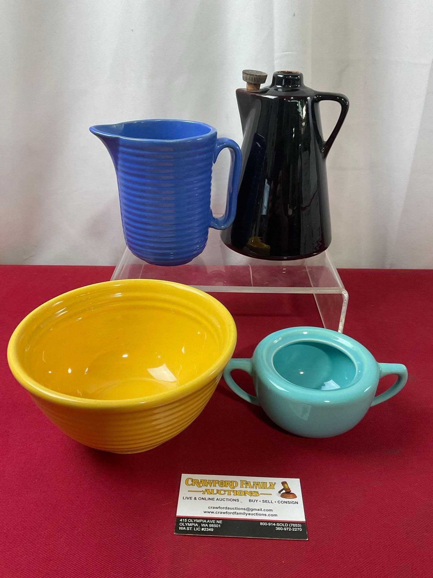 Collection of Bauer US Pottery, Sugar Bowl, Creamer, Jug & Small Bowl: Appears to be in fair to good shape, sugar bowl has broken handle. The taller piece measures approx 7 inches. See pics. E-3880