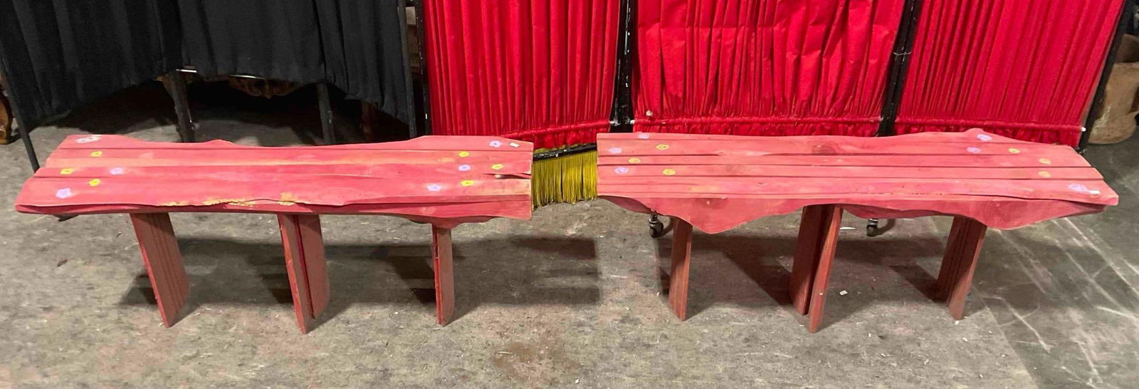 Pair of Dancing Lady Farms Handmade Red Painted Wooden Garden Benches. See pics.: Pair of Dancing Lady Farms Handmade Red Painted Wooden Garden Benches. Absolutely adorable. Minor wear to one, condition is otherwise very good. Measures 46" x 13" x 17" DM-3940 *Freight Required