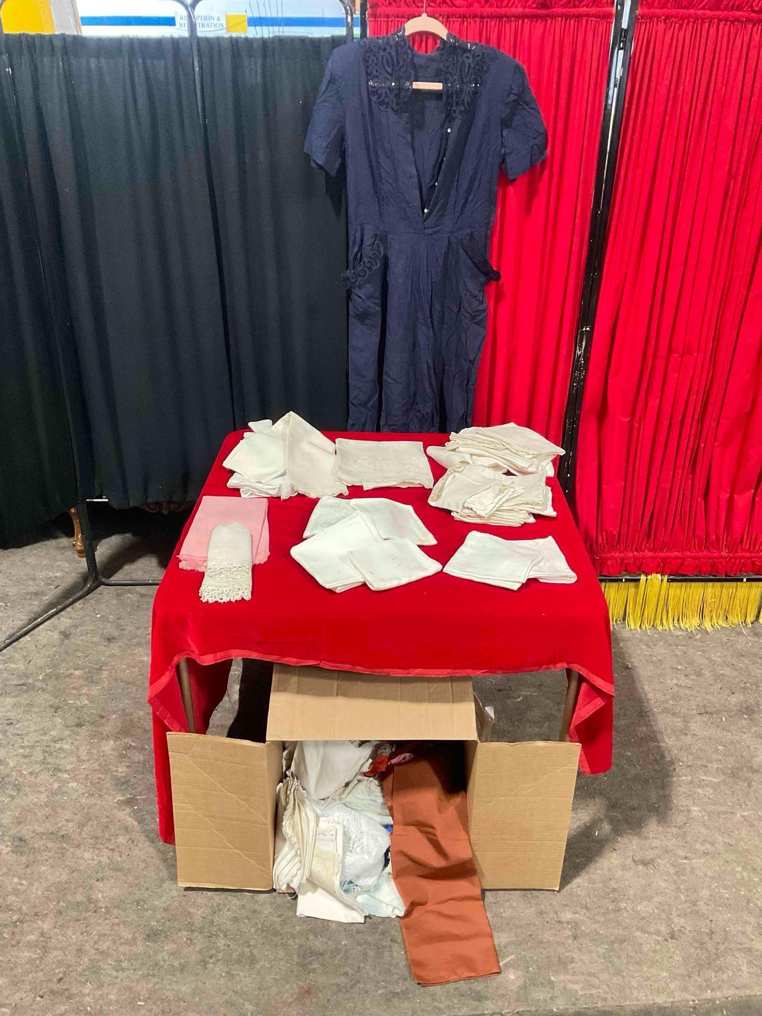 Uncounted Vintage Textile Assortment. Blue Dress, Napkins, Handkerchiefs & More! See pics.: Uncounted Vintage Textile Assortment. Blue Dress, Napkins, Handkerchiefs & More! Minor wear, condition is otherwise very good. Largest measures 24" x 36" DM-414