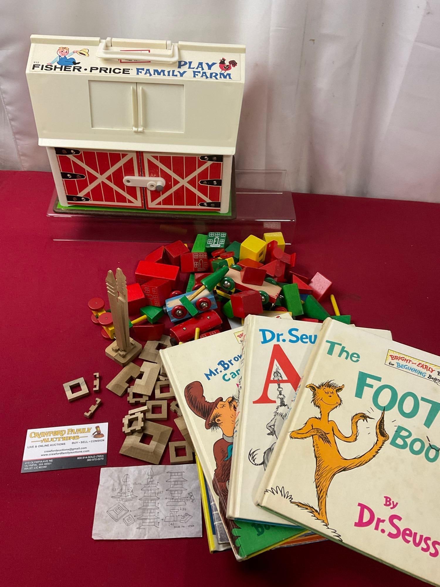 Childrens Books incl Dr. Seuss, Fisher Price play Family Farm, Wooden Train pieces, Tower Puzzle (1 of 8)