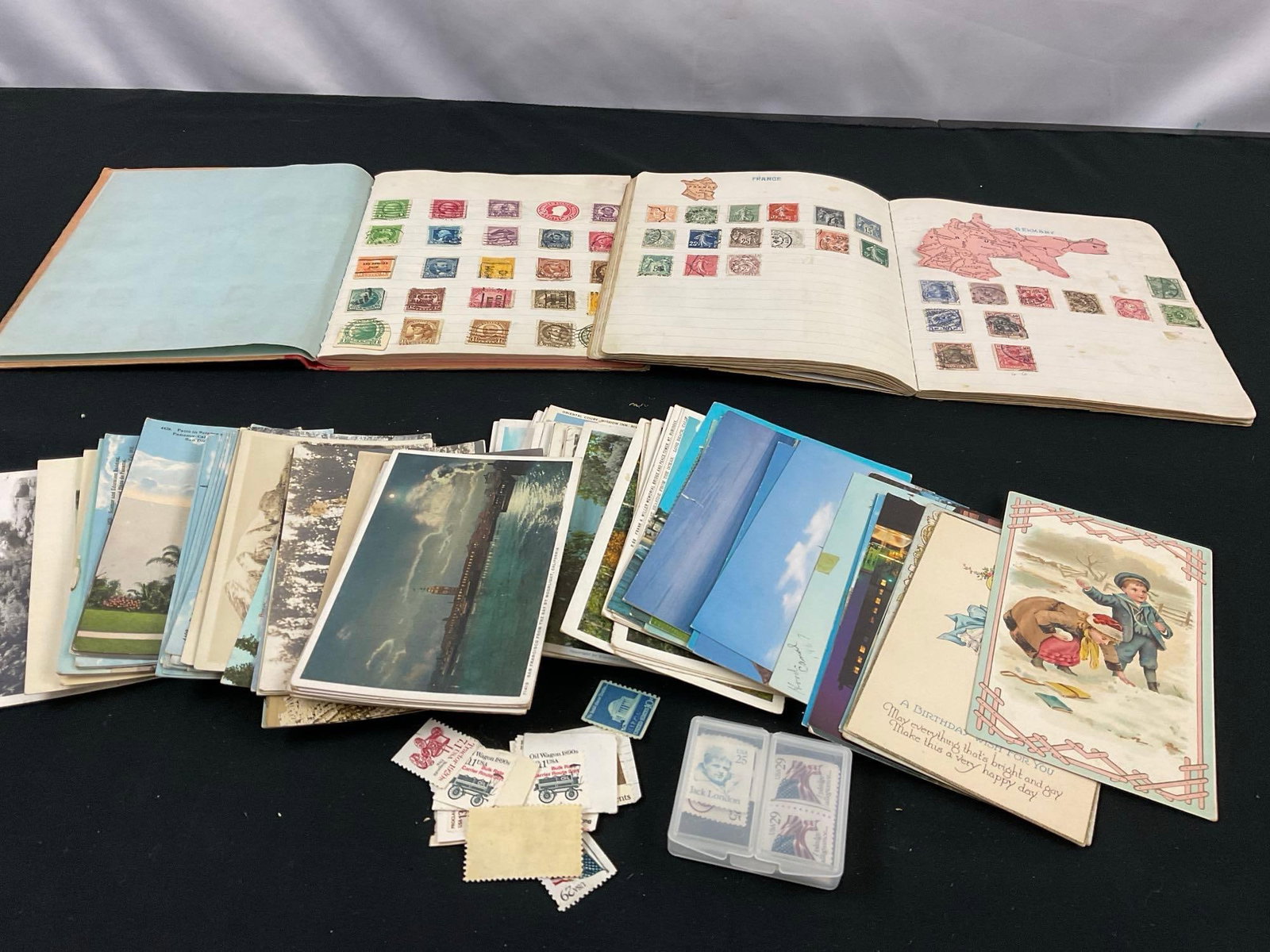 Collection of Many Vintage Postcards w/ 2 Stamp Notebooks - See pics: postcards date from the 40's - 60's. Having been written on or unused. E-414
