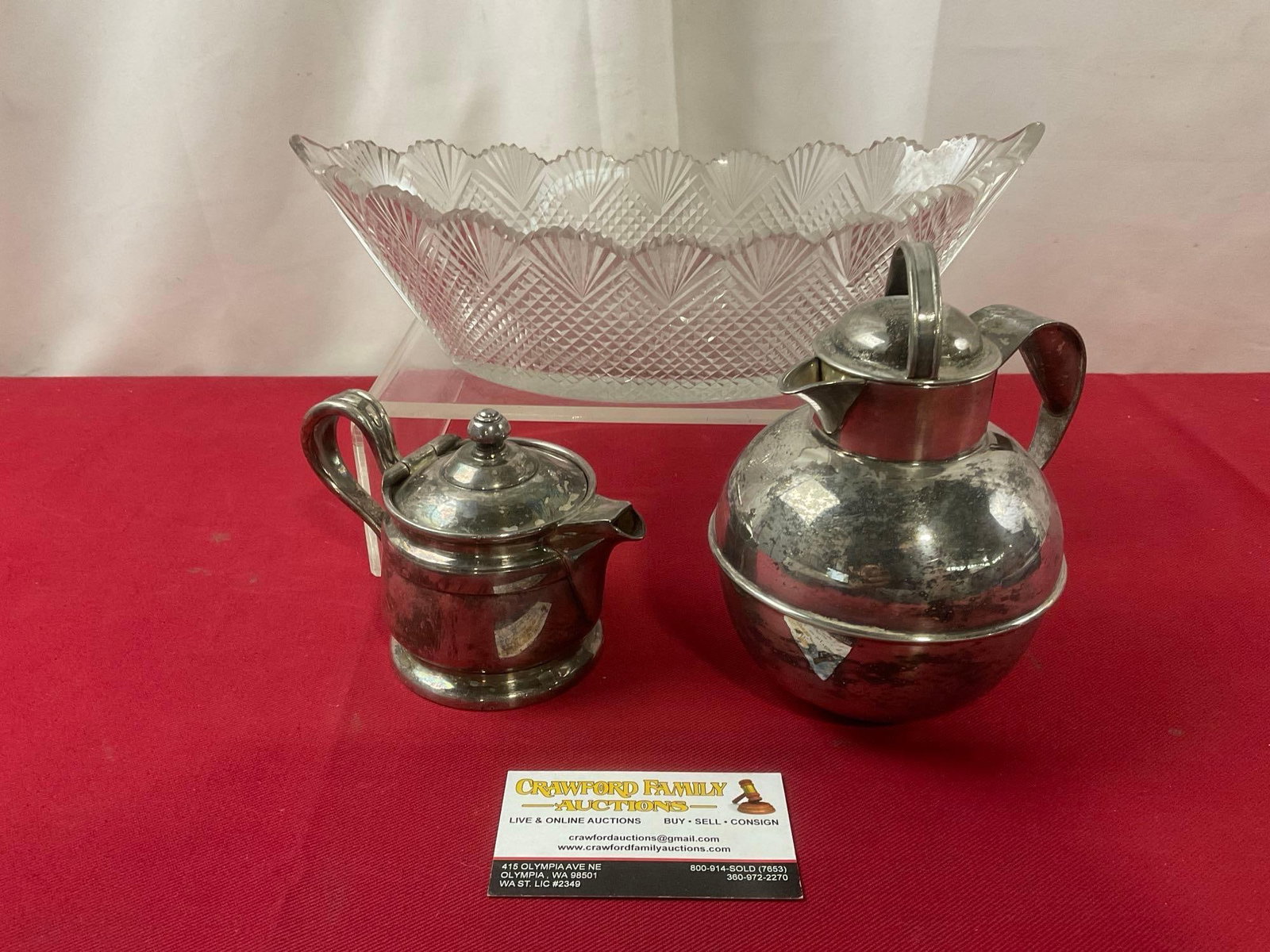 Sheffield Silver on Copper Teapot & Reed & Barton Silver Soldered Creamer w/ Crystal Veg Bowl (1 of 7)