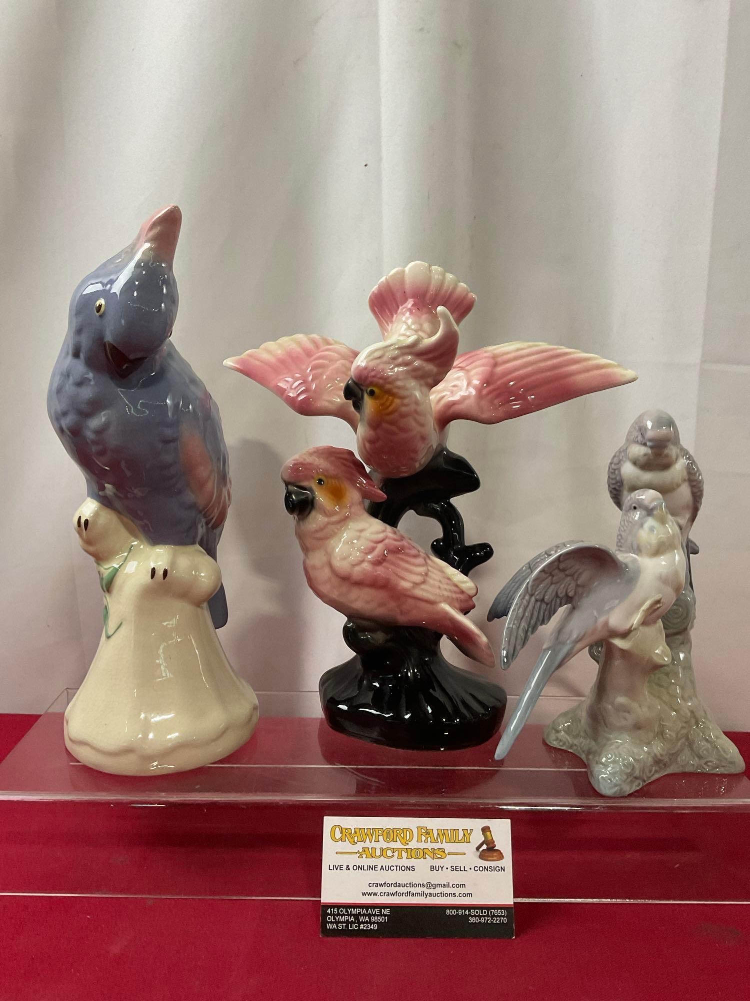 Three Parrot Figures, Modglins, Porcelanas Miquel Requena & unmarked, tallest is 9 inches: Appears to be in good shape. The piece measures approx 9 inches. See pics. E-3940