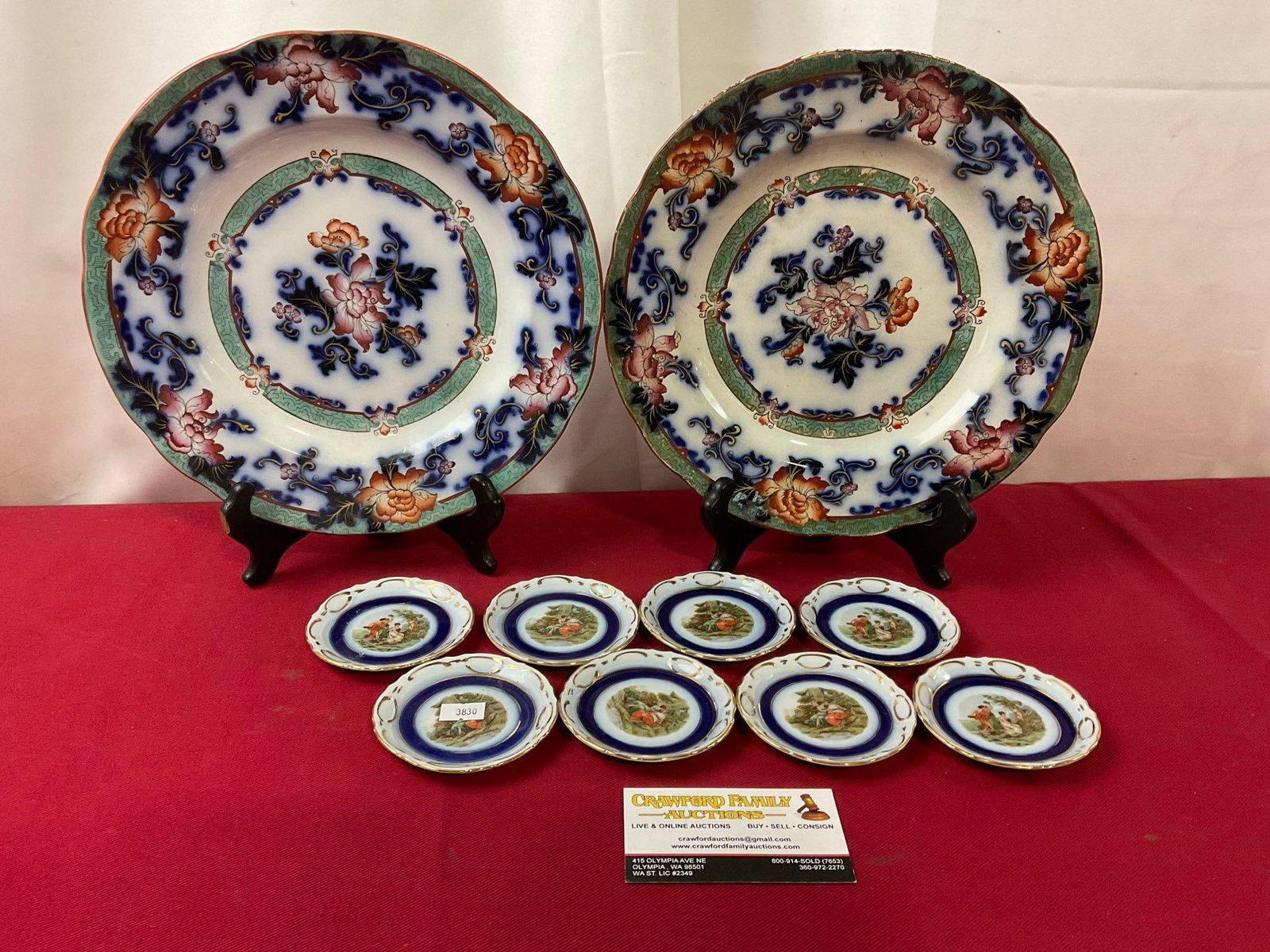Rare Pair of Antique Cauldon shade Chantilly Pattern Flow Blue Plates & 8 Porcelain Salt wells (1 of 5)