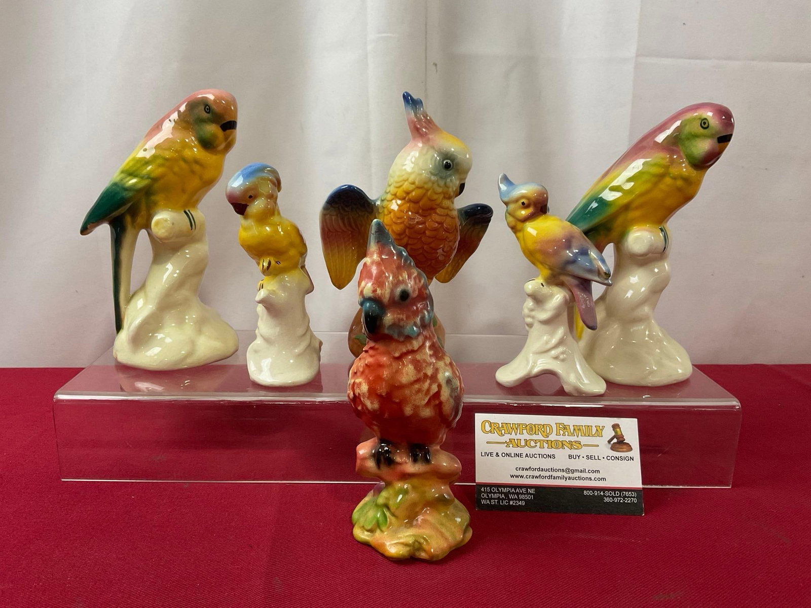 Set of 6 Vintage Parrot & Parakeet Glazed Porcelain Figures, tallest is 8 inches: Unknown mark on the bottom of one of them, pictured last. Appears to be in good shape. The tallest piece measures approx 8 inches. See pics. E-3940