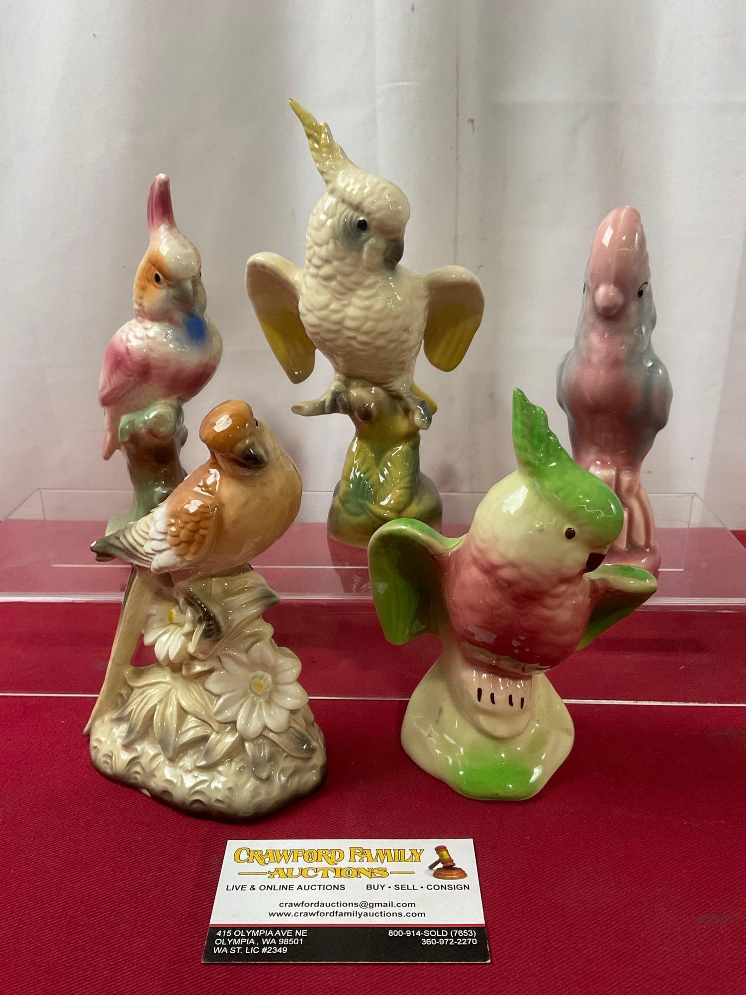 Collection of 5 Vintage Parakeet & Bird Statues, tallest is 9 inches, variety of colors & styles: Appears to be in good shape. The taller piece measures approx 9 inches. See pics. E-3940