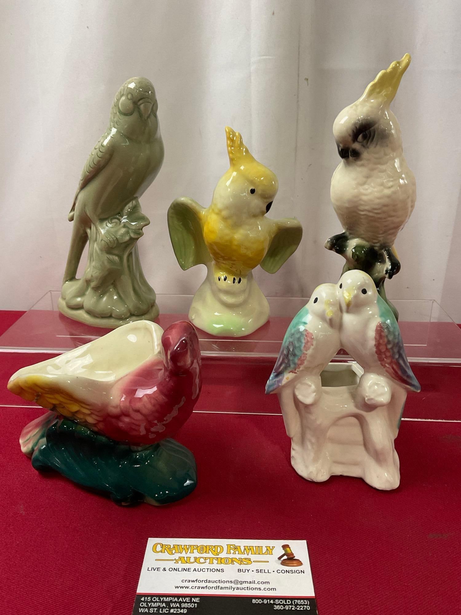 5 Vintage Bird/Parakeet Statues, 3 Planters, Celadon Green, 2 Yellow w/ White, 2 Multi color (1 of 4)