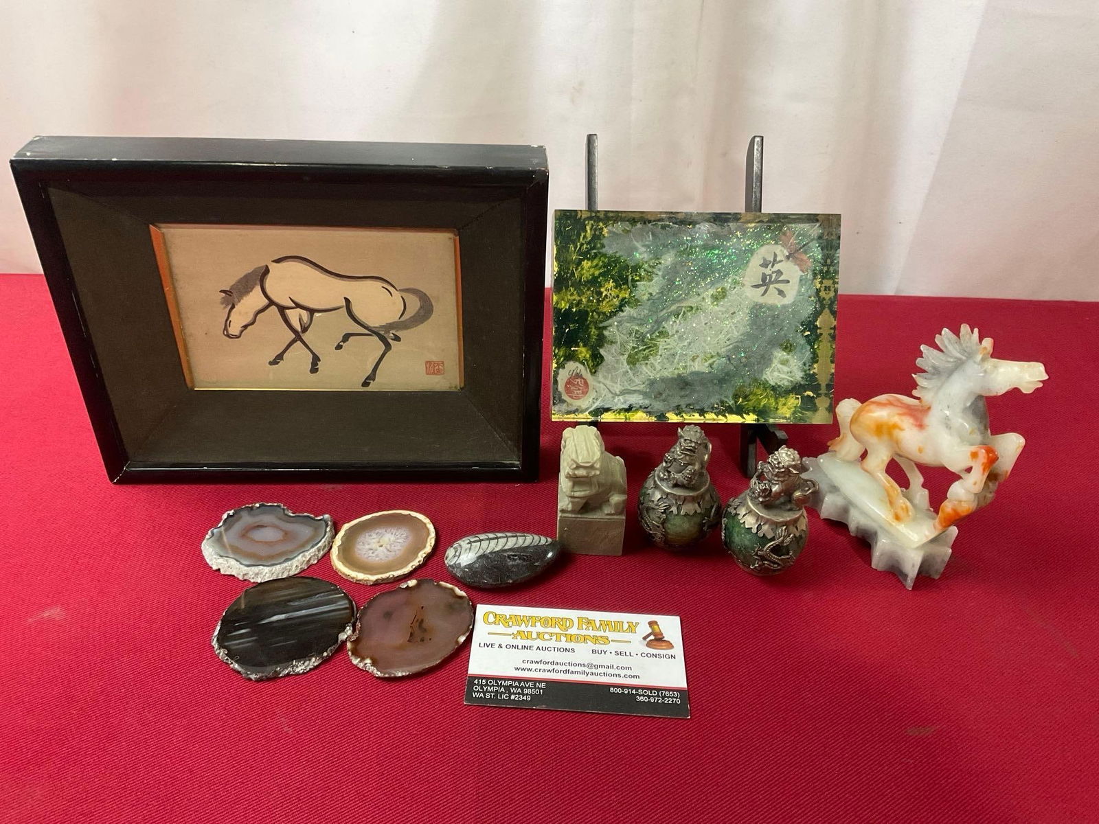White Jade Horse Figure, Agate Stone Slices, Foo Dog Chop, Resin Art Square, Small Framed Waterco... (1 of 6)
