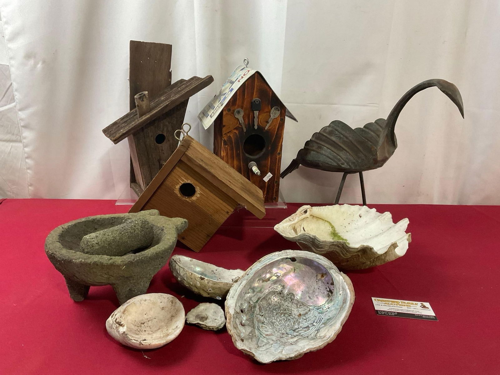 5 Shells incl Abalone, Handmade Birdhouses, Mexican Volcanic Mortar & Pestle, Copper Swan Figure (1 of 9)
