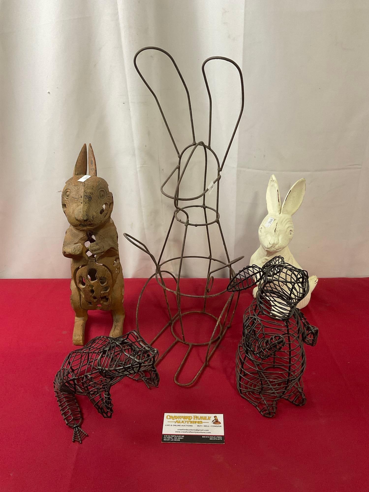 Cast Metal Bunnies, Doorstop & Candle Holder, Wireframe Frog, Small & Large Bunny pieces, 18 inches: Appears to be in good shape. The wireframe bunny piece measures approx 18 inches tall. See pics. E-3940