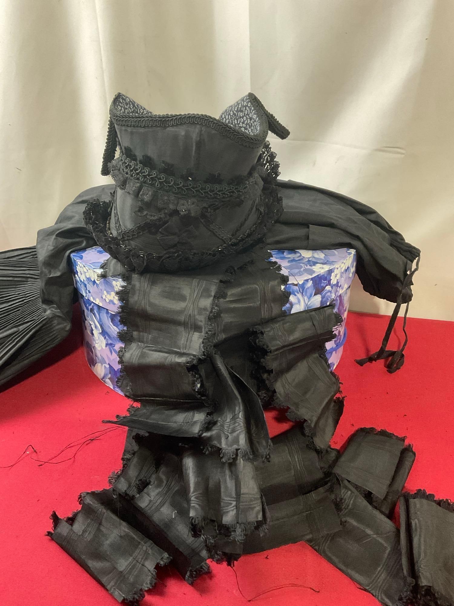 Antique Black Clothes, Young Womans, Skirt, Hat w/ Veil, and headpiece, in Hat Box (1 of 9)