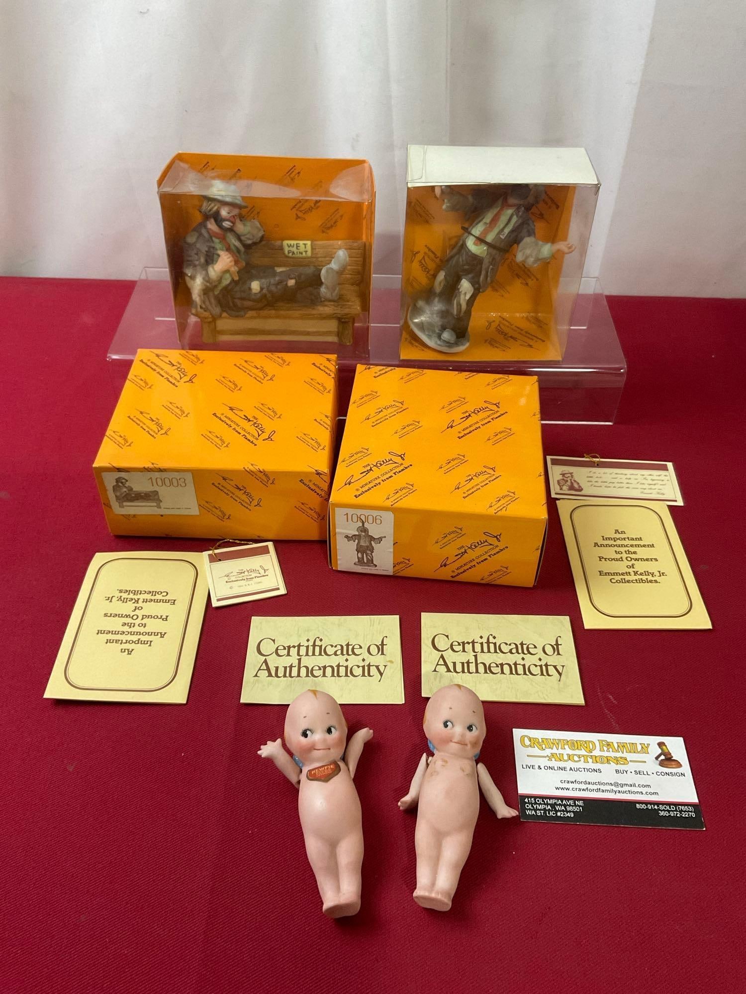 Pair of Bisque Porcelain Kewpie Dolls & Pair of Emmett Kelly Jr collectible Clown Figures in box (1 of 7)
