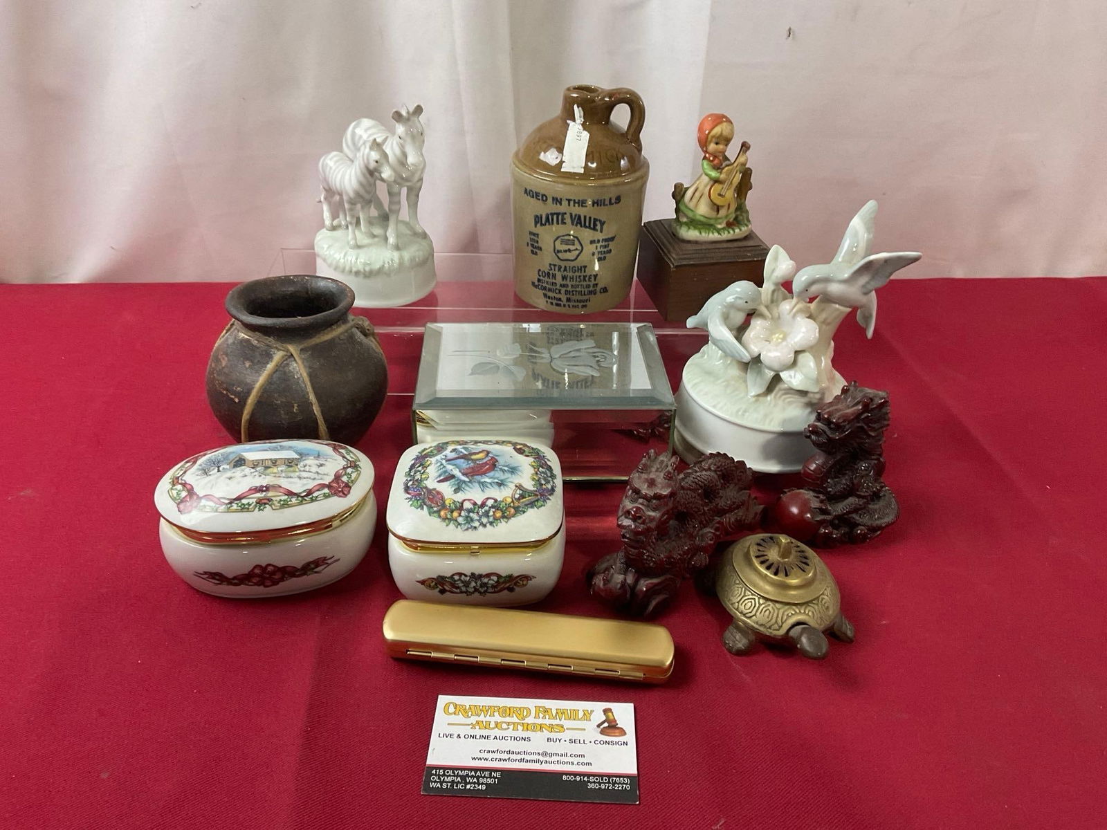 6 Music Boxes, Ceramic Figures, Jewelry Boxes, Carved Dragons, Turtle Incense, Jar, Whiskey Jug&m...: Appears to be in good shape. The larger jewelry box piece measures approx 2h x 5w x 3d inches. See pics. E-2880
