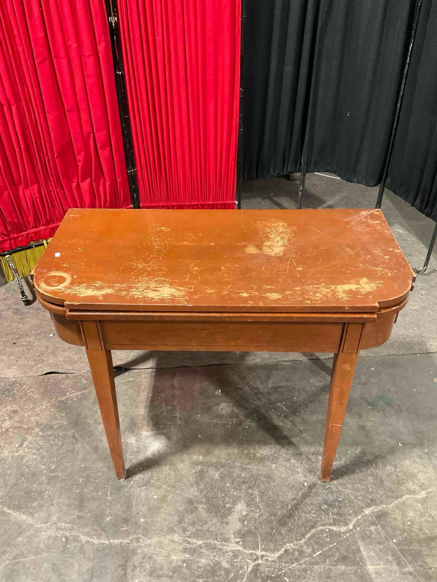 Vintage Maple Wood Federal? Style Console Game Table w/ Folding Top. As Is. See pics.: Vintage Maple Wood Federal? Style Console Game Table w/ Folding Top. Worn and stained indicative of age, has no support for folding top, bottom and fold down legs that have mold growth, condition As I