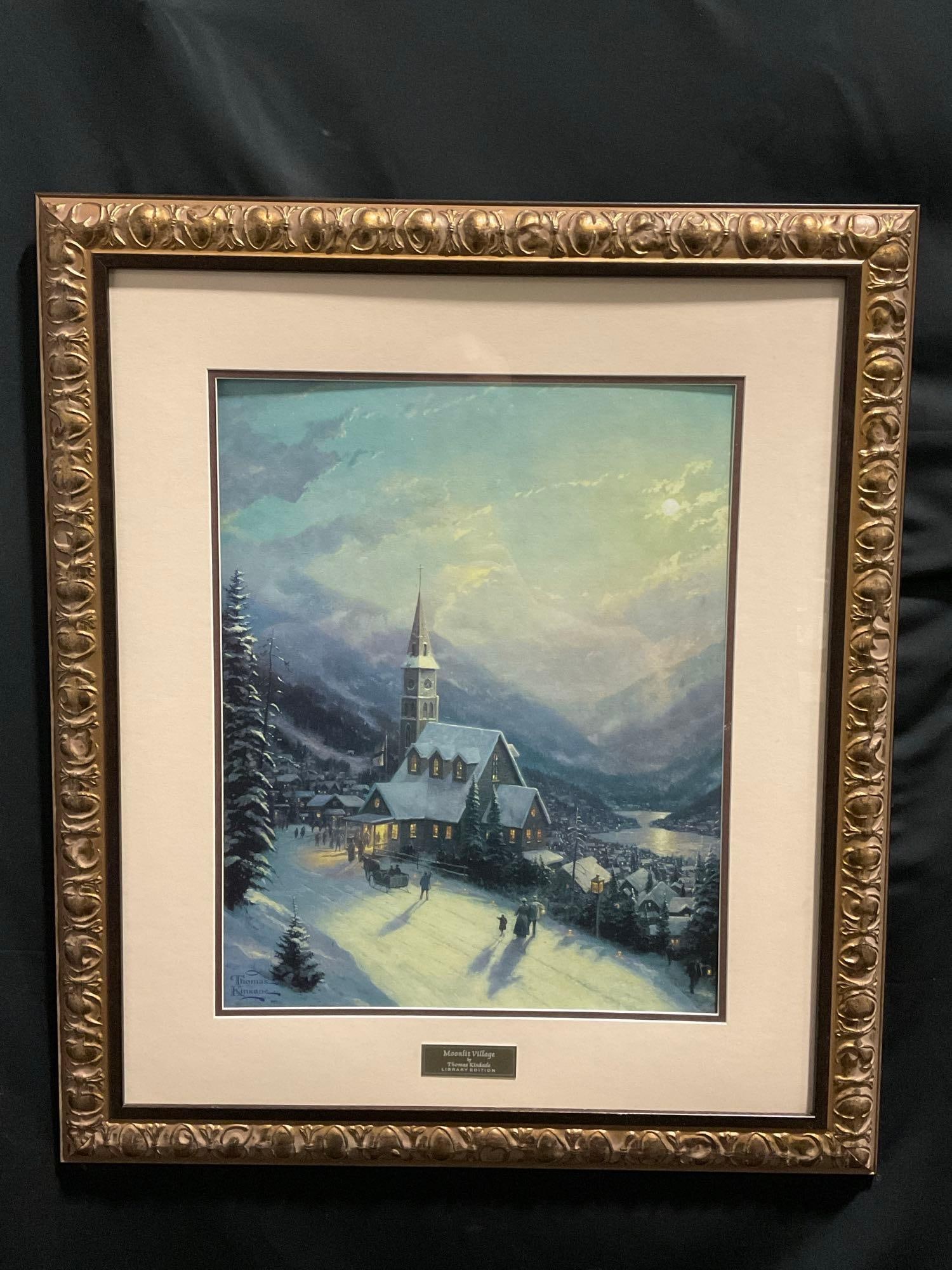 Framed Thomas Kinkade Library Edition Print of Moonlit Village, approx 30h x 26w inches (1 of 7)