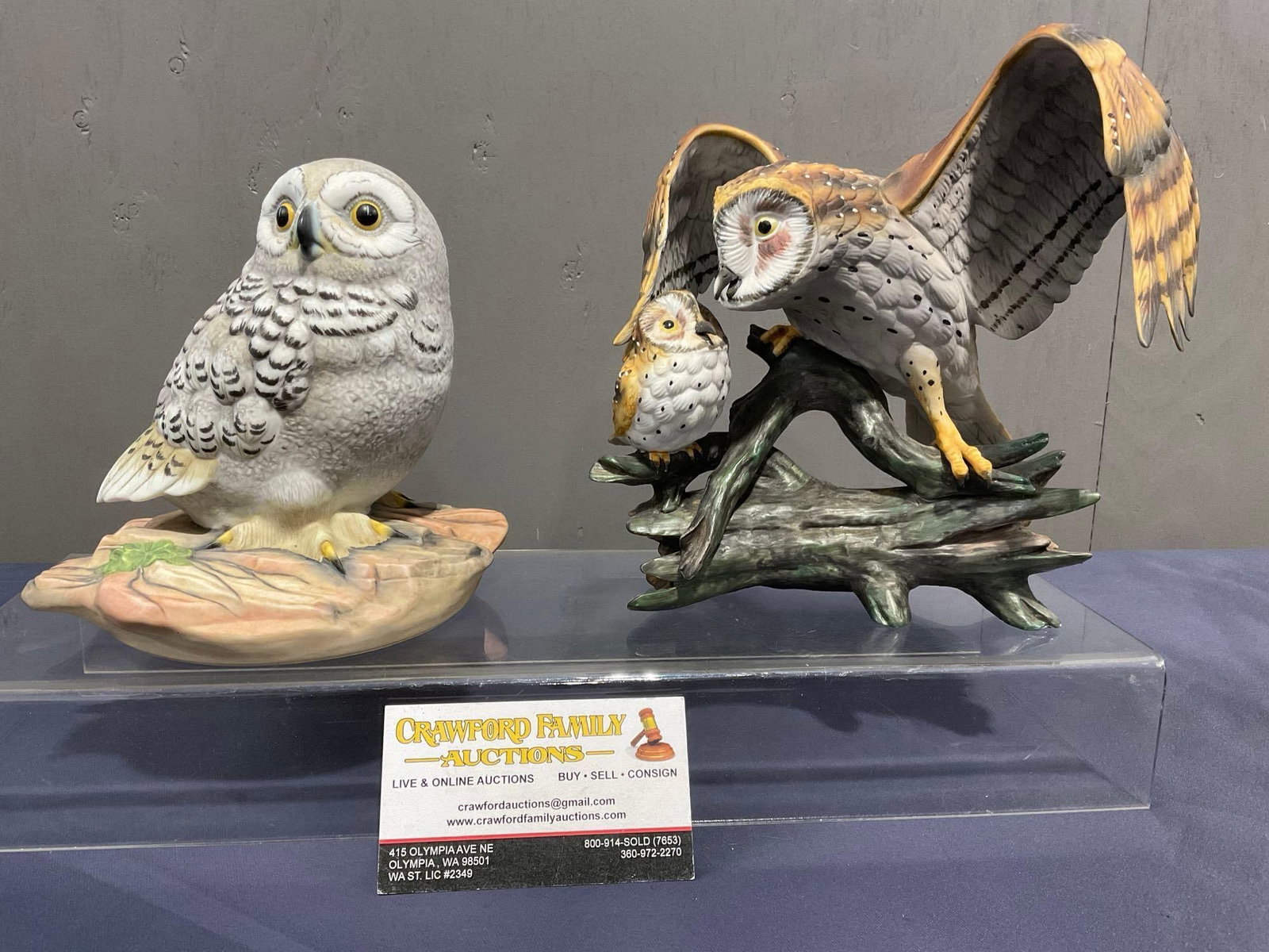 Japanese GOTO & US Kazmar Owl Figures, Snowy Owl & Owl on A Branch 6 & 8 inches tall: Appears to be in good shape, one piece has a crack in one of the feathers, could be repaired. The pieces measure approx 6 & 8 inches tall, the taller piece is 8 inches wide. See pics. E-4030