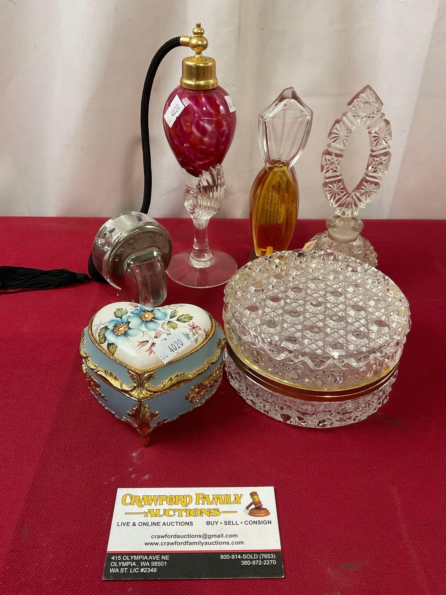 Crystal Perfume Bottle & Jewelry Box, Music Box, BVLGARI & Femme De Caron Perfume, Glass Atomizer (1 of 4)
