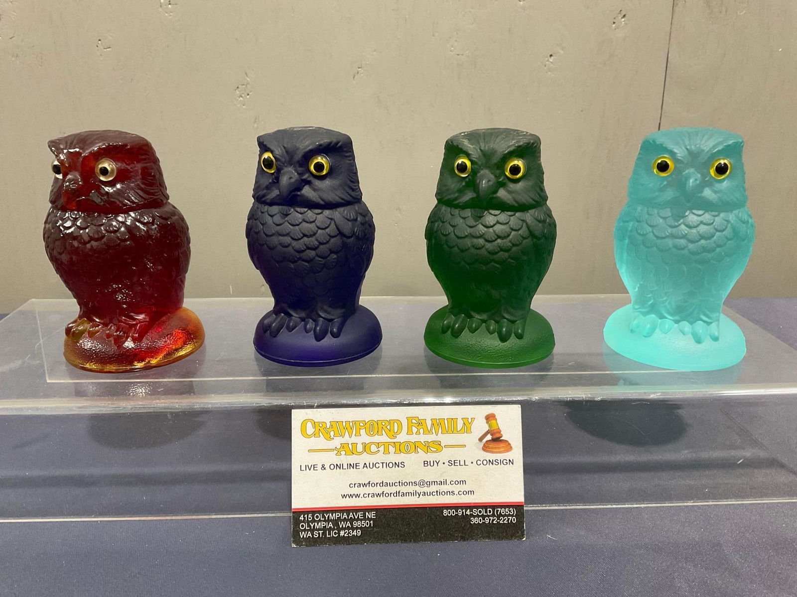 4 Summit Art Glass Owls, Hand Pressed, Cobalt Blue, Green Satin, Blue Satin & Red, 3.75 inches (1 of 5)