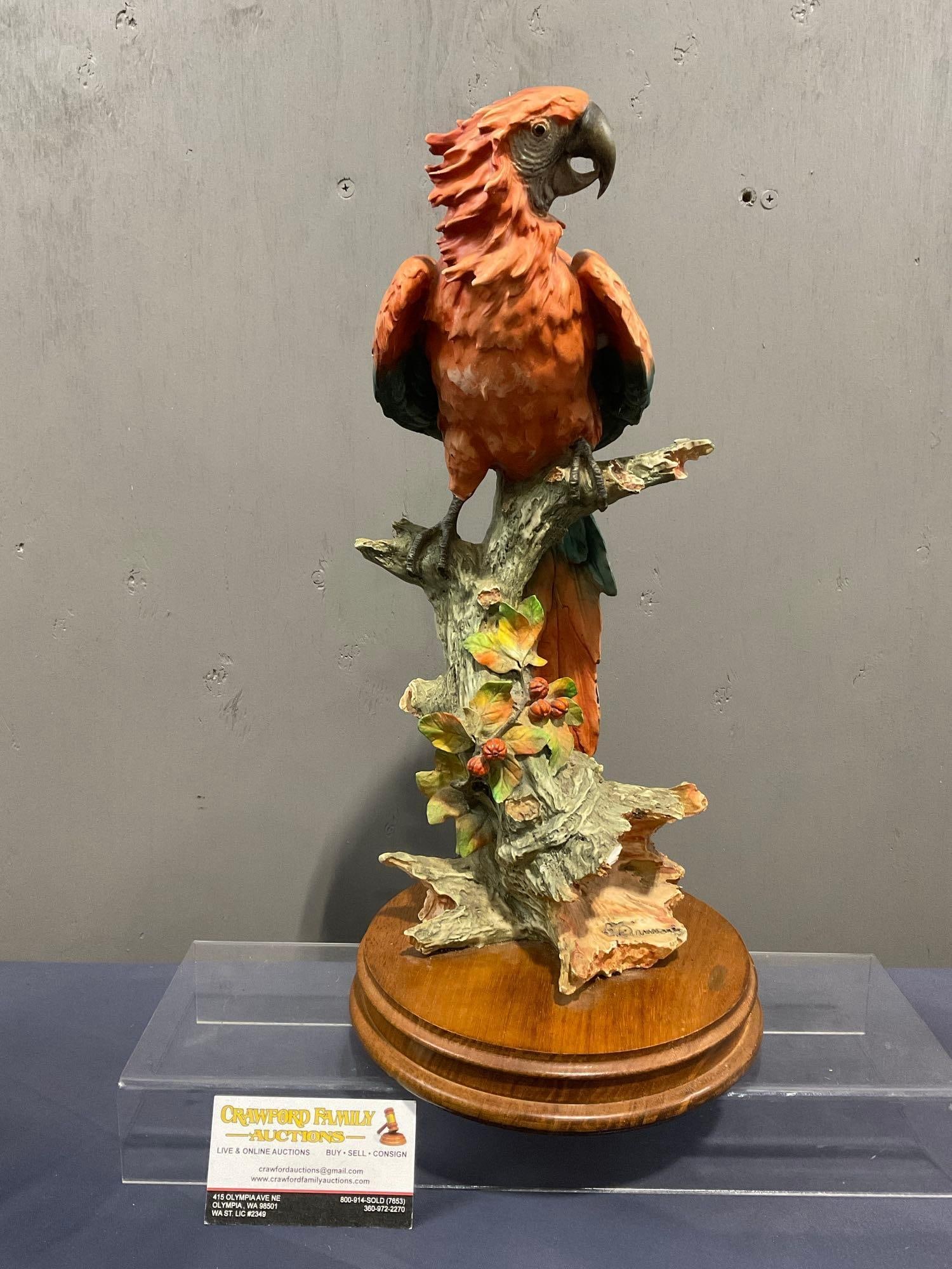 Scarlet Macaw Parrot Sculpture Ceramic, Signed by artist, Giuseppe Armani approx 16 inches tall: Giuseppe Armani (Italy 1935-2006) Appears to be in good shape, has a small chip on the front, missing some texture. The piece measures approx 16 inches. See pics. E-4030