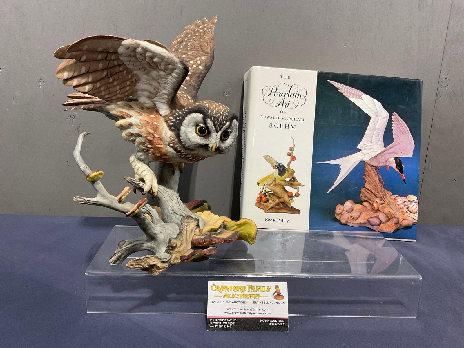 Rare Signed Boehm Porcelain Sculpture Boreal Owl 12.75 inches tall, w/ Signed Book of Boehms Art:  Owl is Stamped Edward Marshal Boehm and hand signed Boehm The book is signed by Reese Palley the author of the book about Boehm. Appears to be in good shape. The piece measures approx 12.75 inch