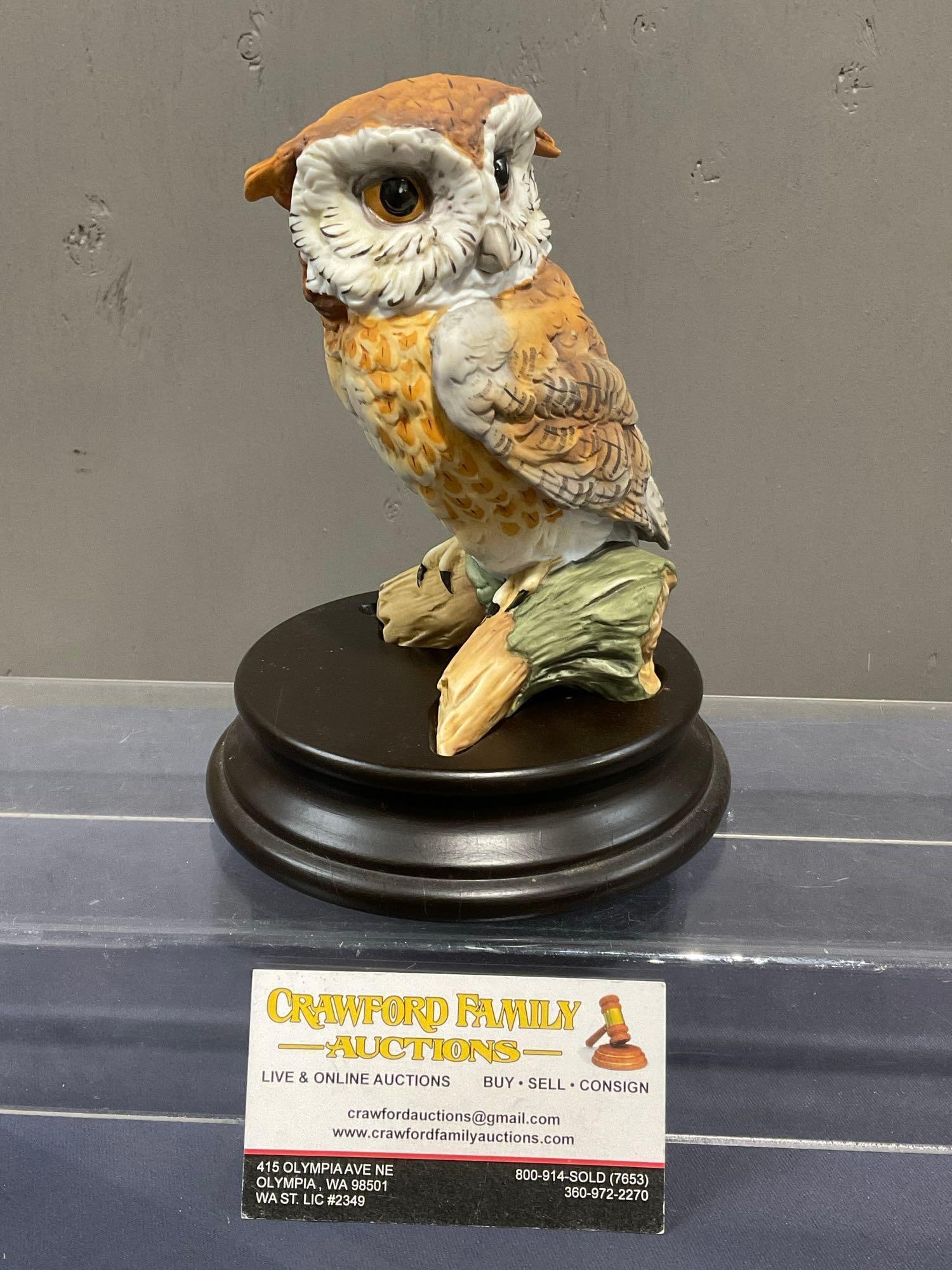 Vintage Porcelain Sculpture Golden Crown Kaiser Owl, Great Horned 5.5 inches tall, w/ Wooden Stand (1 of 5)
