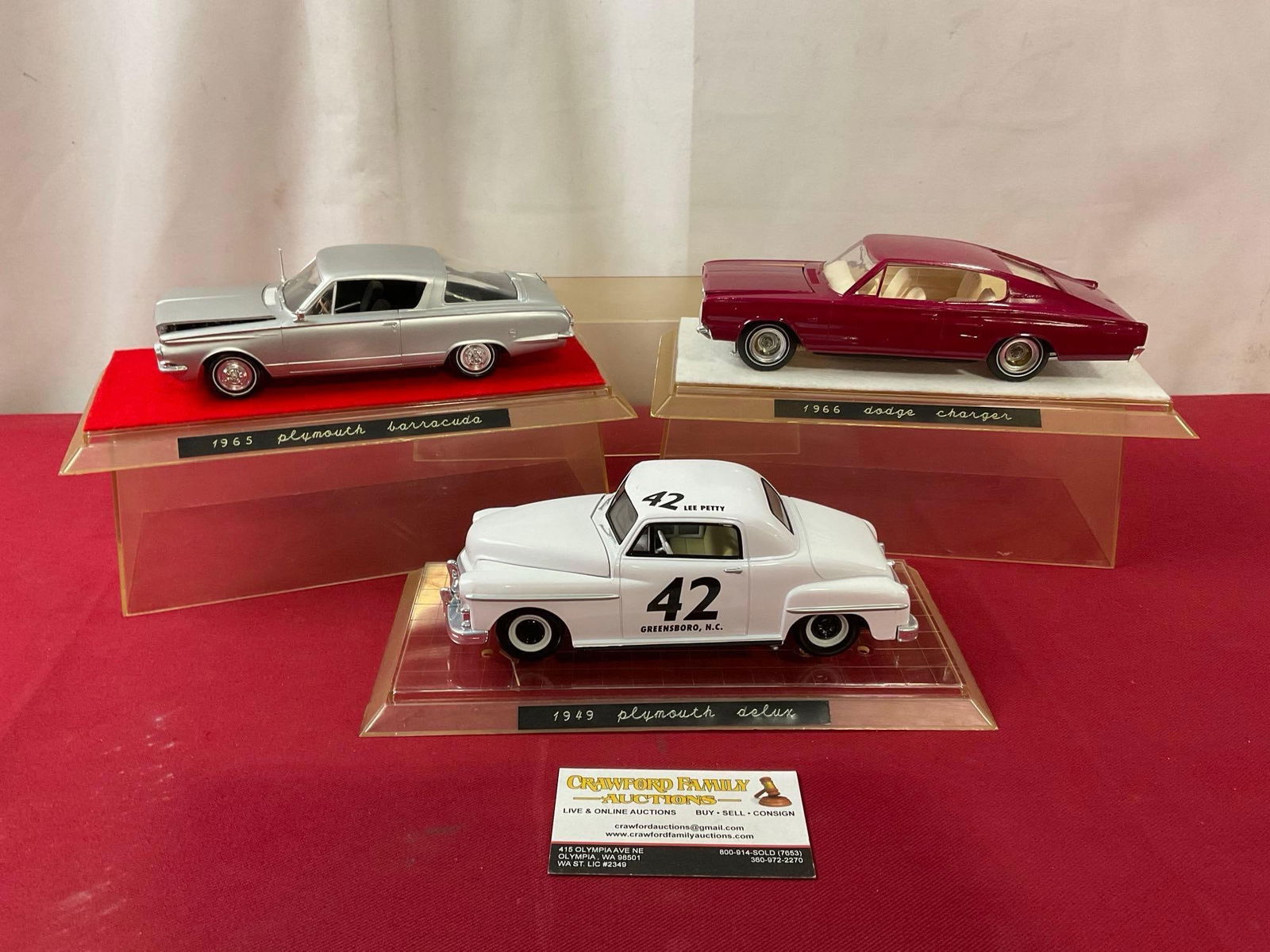 Trio of Model Cars, 1949 & 1965 Plymouth & 1966 Dodge Charger, in display case, 9 inches, 1:24 Sc... (1 of 4)