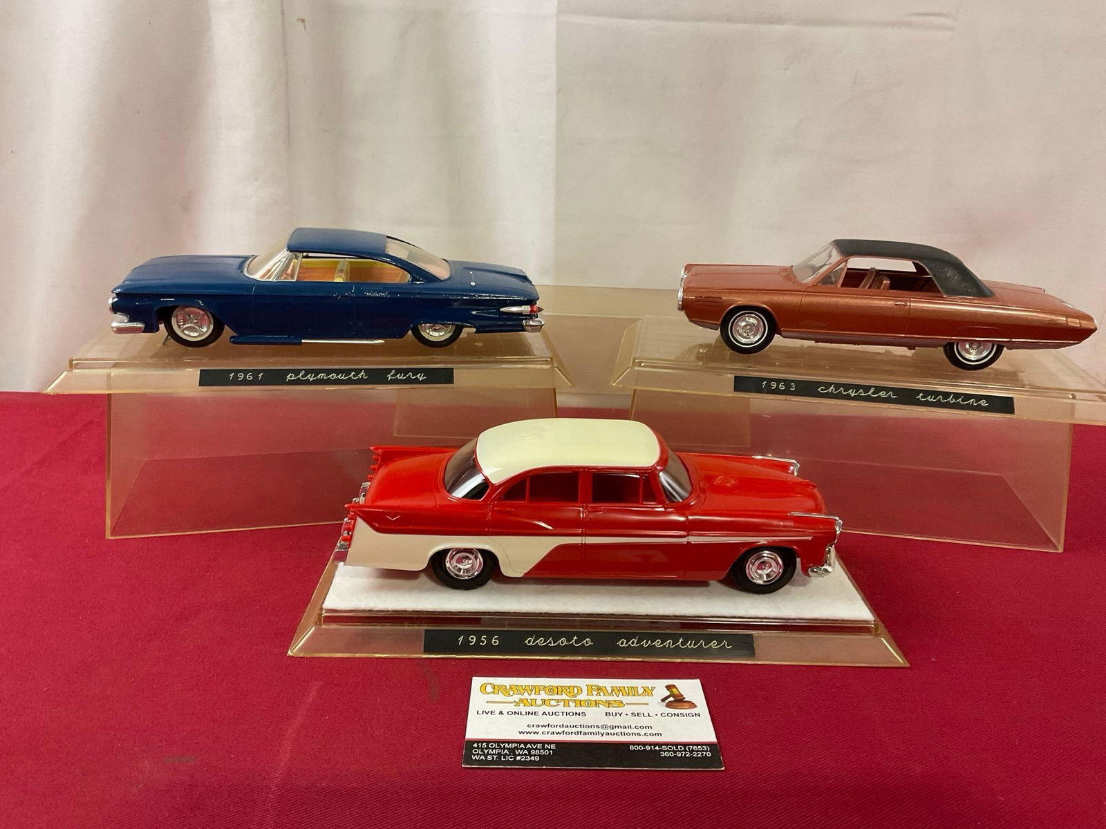 3 Model Cars, 1956 Desoto, 1961 Plymouth & 1963 Chrysler, in display case, 9 inches, 1:24 Scale (1 of 4)