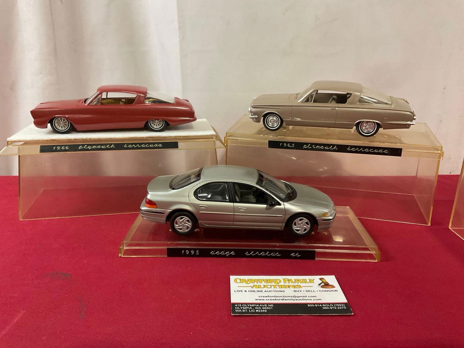 Three Model Cars, 1965 & 1966 Plymouth Barracuda, 1995 Dodge Stratus, in Display Cases, 11 inches (1 of 3)