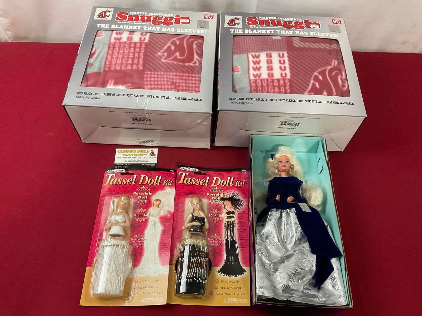 Pair of Washington State University Snuggie Blankets, Pair of Tassel Doll Kits, & Barbie Doll: Appears to be in good shape. The Barbie measures approx 12 inches. See pics. E-2504