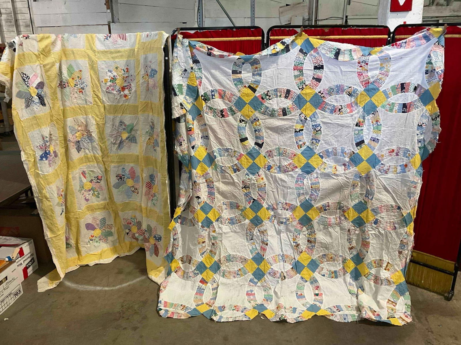 2 pcs Vintage Incomplete Hand Sewn Quilted Coverlets, Flowers & Ring Patterns. See pics. (1 of 12)