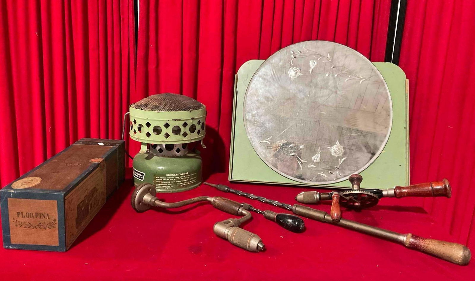 7 pcs Vintage Decor Assortment. Hand Tools, Cigar Box, Coleman Heater & More. See pics. (1 of 5)