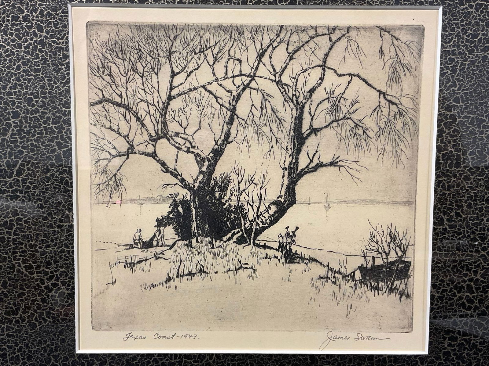Framed Dry-point Etching of Texas Coast 1943 by James Swann, 15h x 15w inches (1 of 5)