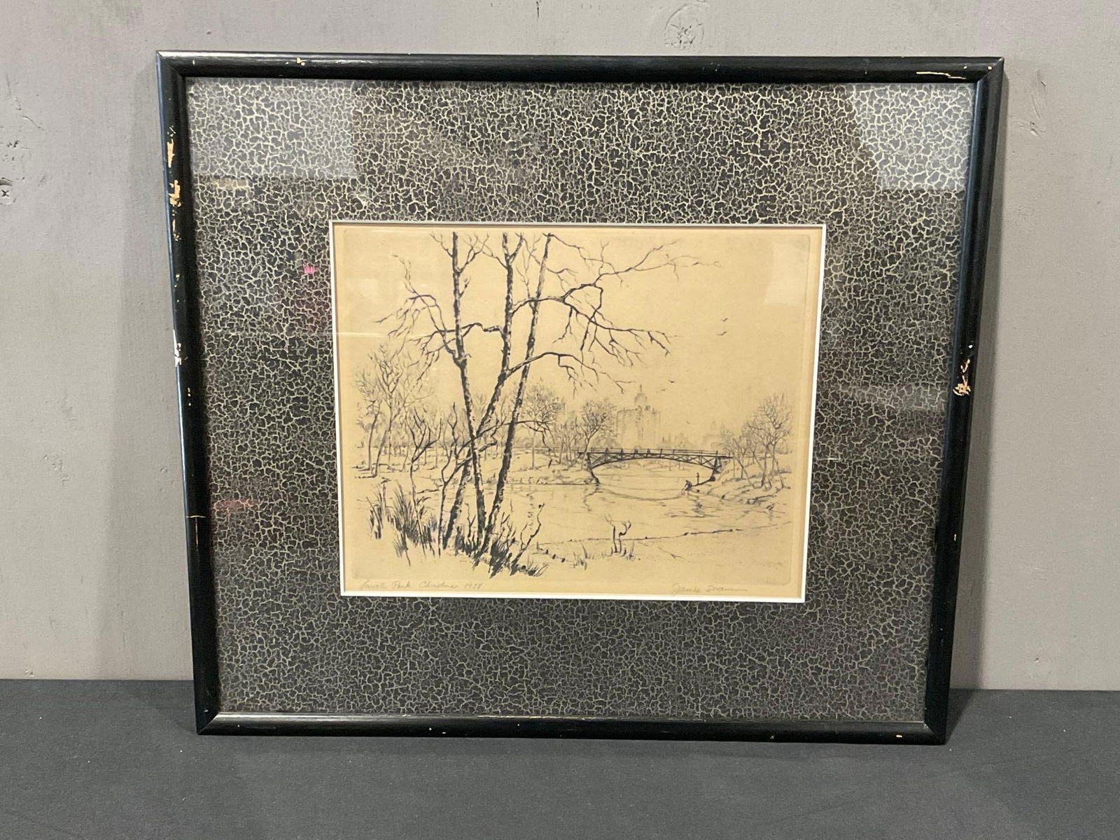 Framed Dry-point Etching of Lincoln Park Christmas 1938 by James Swann, 15.5h x 17.5w inches (1 of 6)
