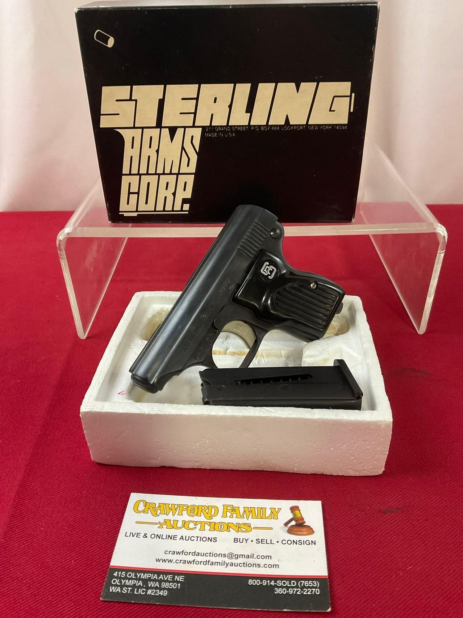 Sterling Arms Corp model 302 .22 LR Handgun in original box, one magazine SN:A100723, FFL: SN: A100723. Appears to be in good shape. The piece operates smoothly, the magazine holds 8 or so rounds of .22 Long Rifle. The whole piece measures approx 4 inches long. See pics. E-3890