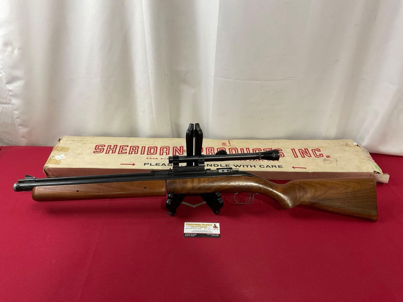 Vintage Sheridan Blue Streak 5mm model CB Pump Air Rifle w/ Scope & original box: SN: 076518. Could be from about the early 1960s. Appears to be in good shape, some slight missing finish from the pump handle on the barrel. The piece measures approx 37 inches in total. See pics. E-4