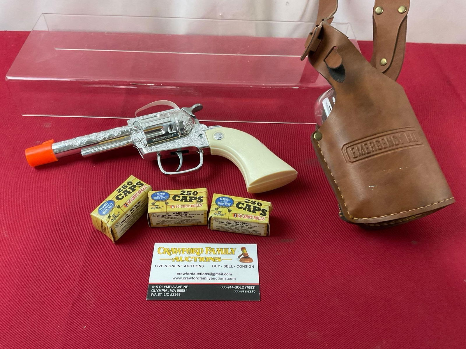 Cap Gun w/ Caps, & Glass Flask in Leather Pouch marked Emergency Kit,: Appears to be in good shape. The cap gun measures approx 9 inches. See pics. E-414