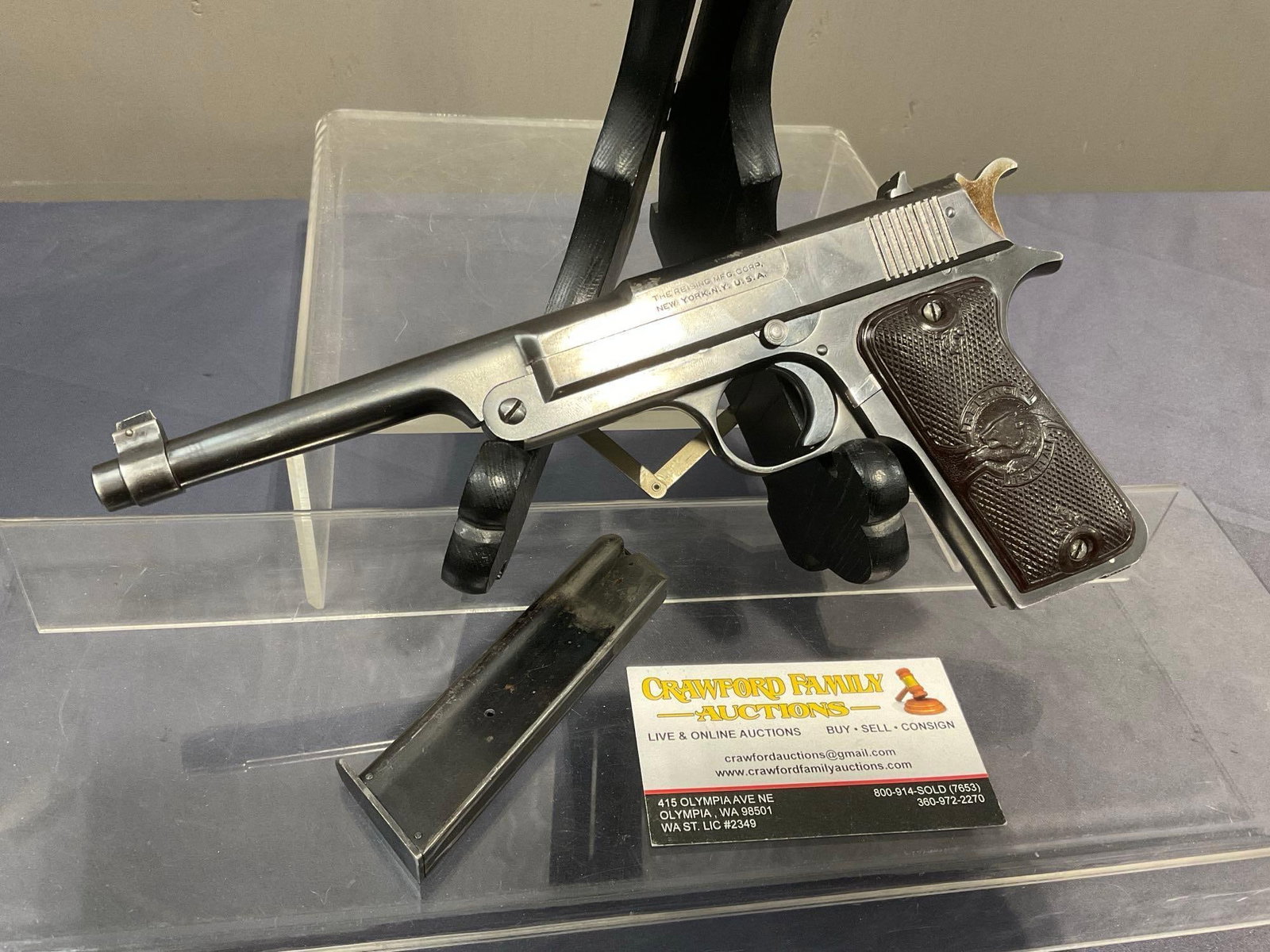 Rare Circa 1920's Reising .22 LR Cal Pistol w/ 10 rd magazine, 6.75 inch barrel, SN:10939 FFL: Short lived competitor to the Woodsman from Eugene Reising, who also worked on the 1911. Less than 5000 made between 1921 and 1924. SN:10939. Appears to be in good shape. Could be from quite a while a