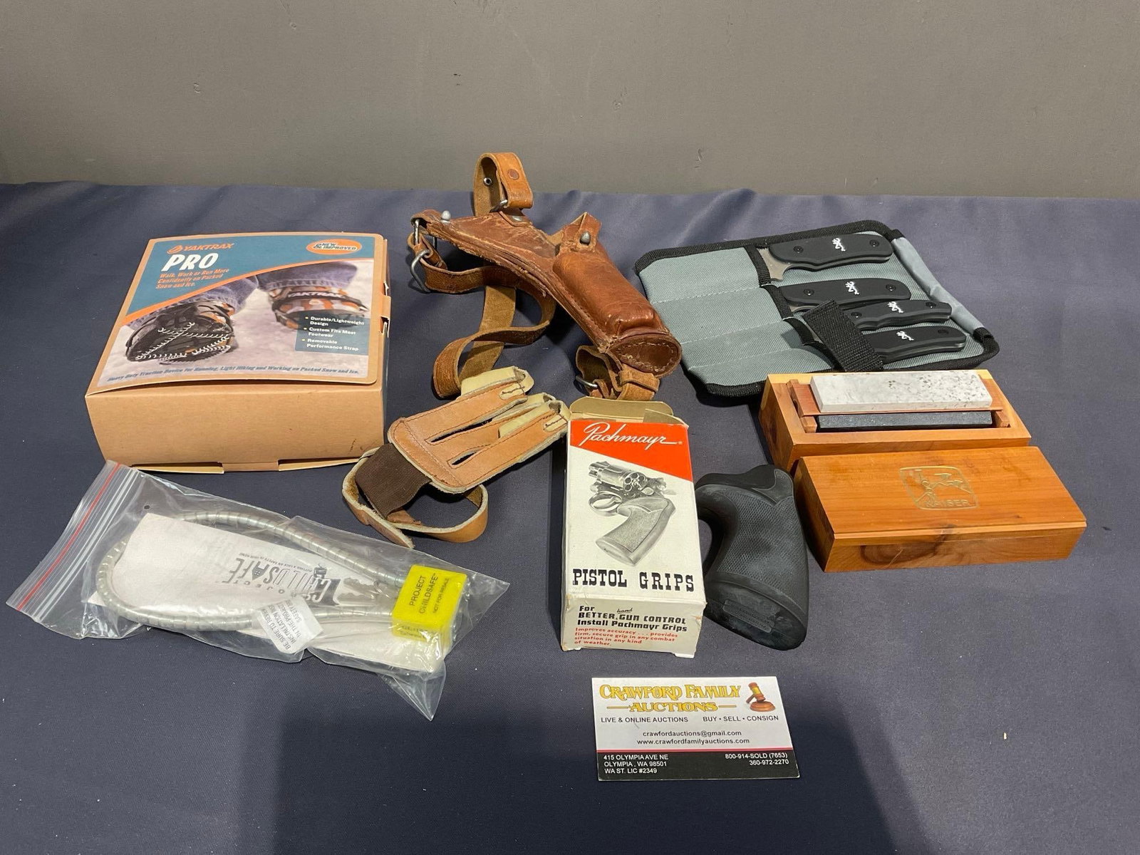 Yaktrax NIB, holster, Sharping stones, Pachmayr Pistol Grips,Browning 4 pc Elk knifes , gun lock: Appears to be in good shape. The largest piece measures 10 inches. See pics. E-4020 Leather shoulder holster New on pack child safe gun lock NEW 4 piece Browning Elk zfield dressing knife set RM