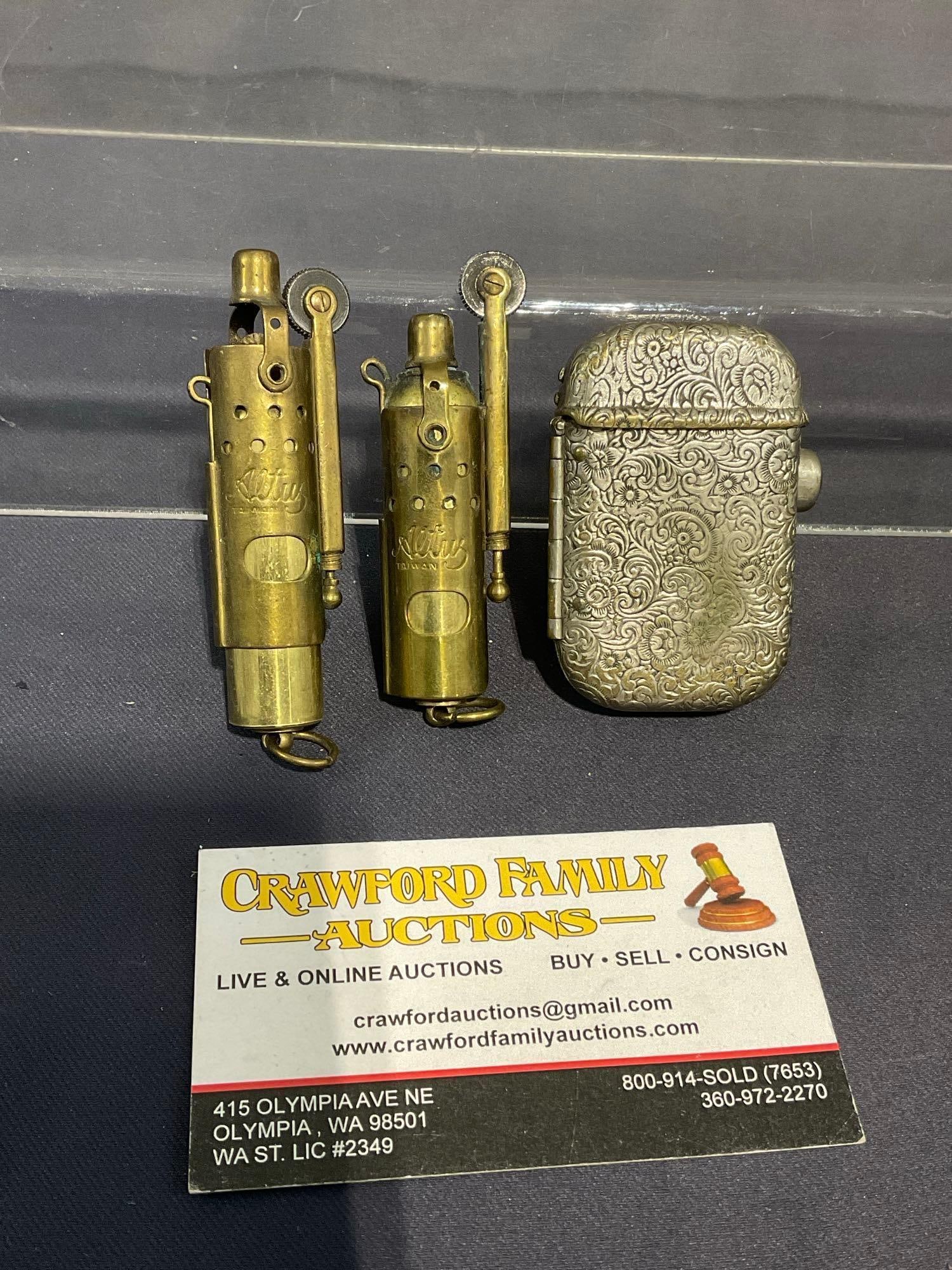 Heavily Engraved 1890s Magic Pocket Lamp & pair of Antique Altu Trench Lighters, Brass (1 of 7)