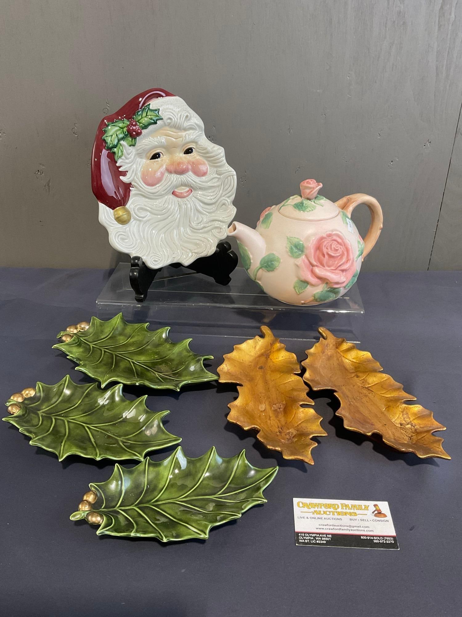 Fitz & Floyd Teapot, Santa Plate, & Pair of Leaves, Holland Mold Set of 3 Holly Leaf (1 of 7)