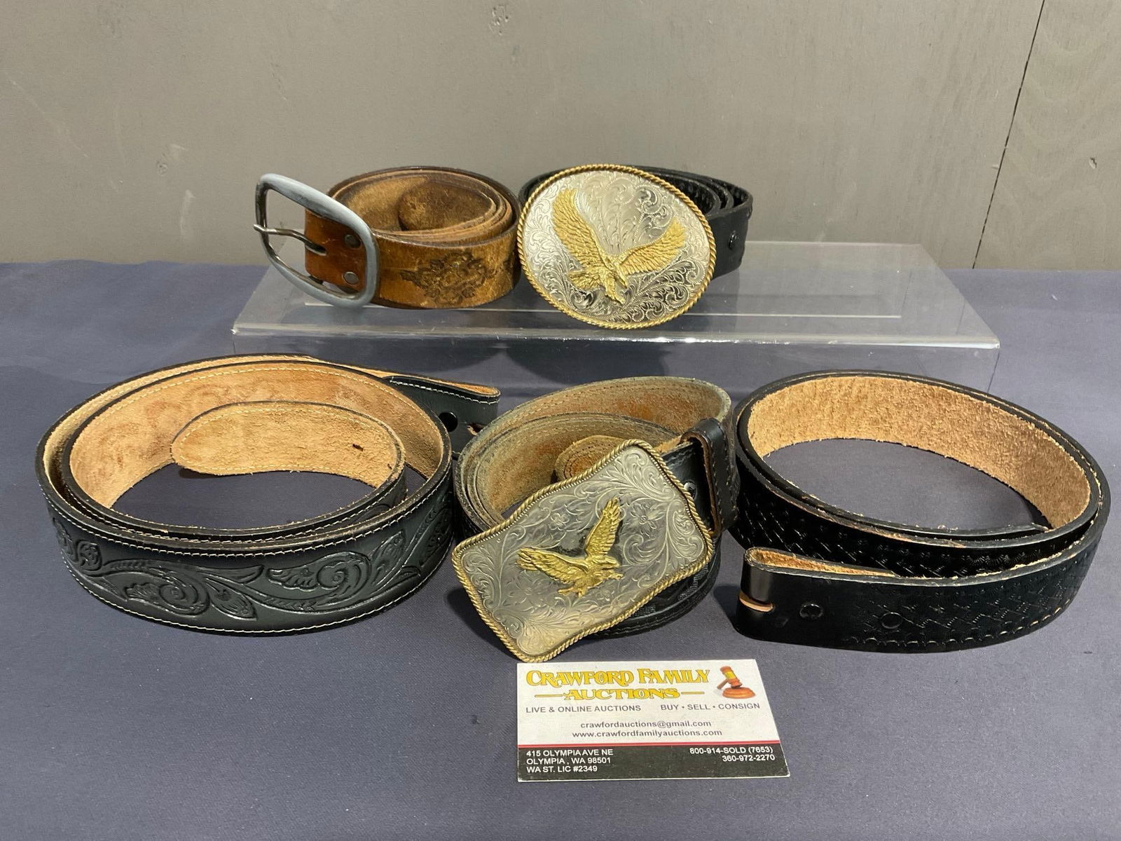 5 Western Leather Belts w/Large Etched German Silver Buckles, Eagle Emblem & Worked Leather Designs (1 of 13)