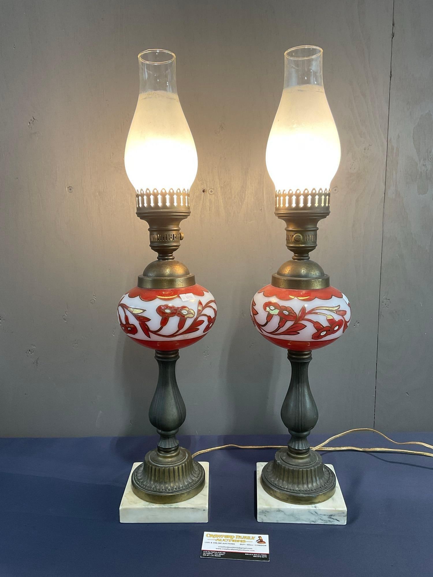 Pair of Vintage Electrified Hurricane Style Lamps, Etched Red & White Glass, 26.5 inches tall (1 of 8)