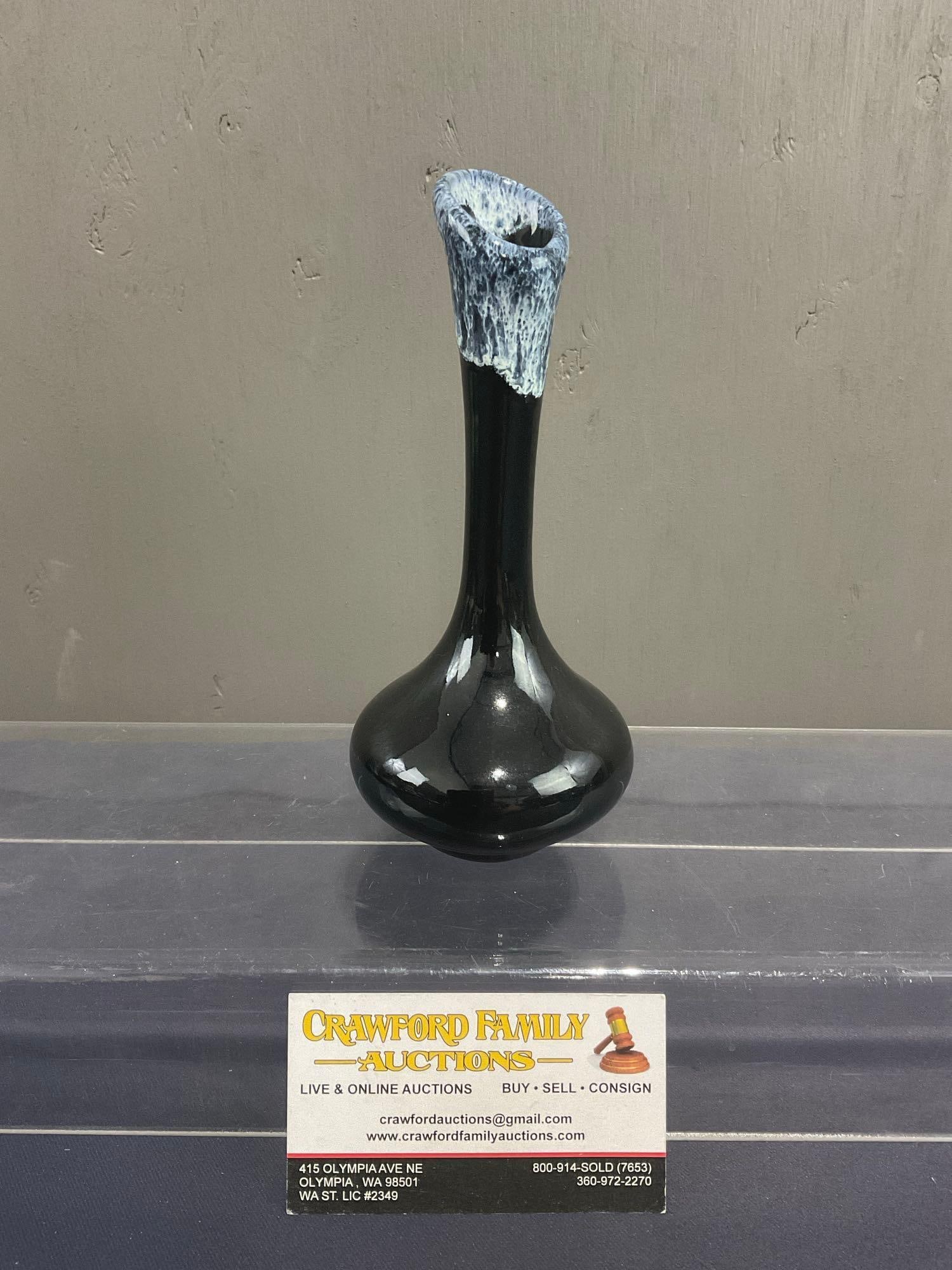 Early 20th Century Van Briggle Bud Vase, 7 inches tall, Black w/ Blue Rim Finish, signed on bottom (1 of 4)