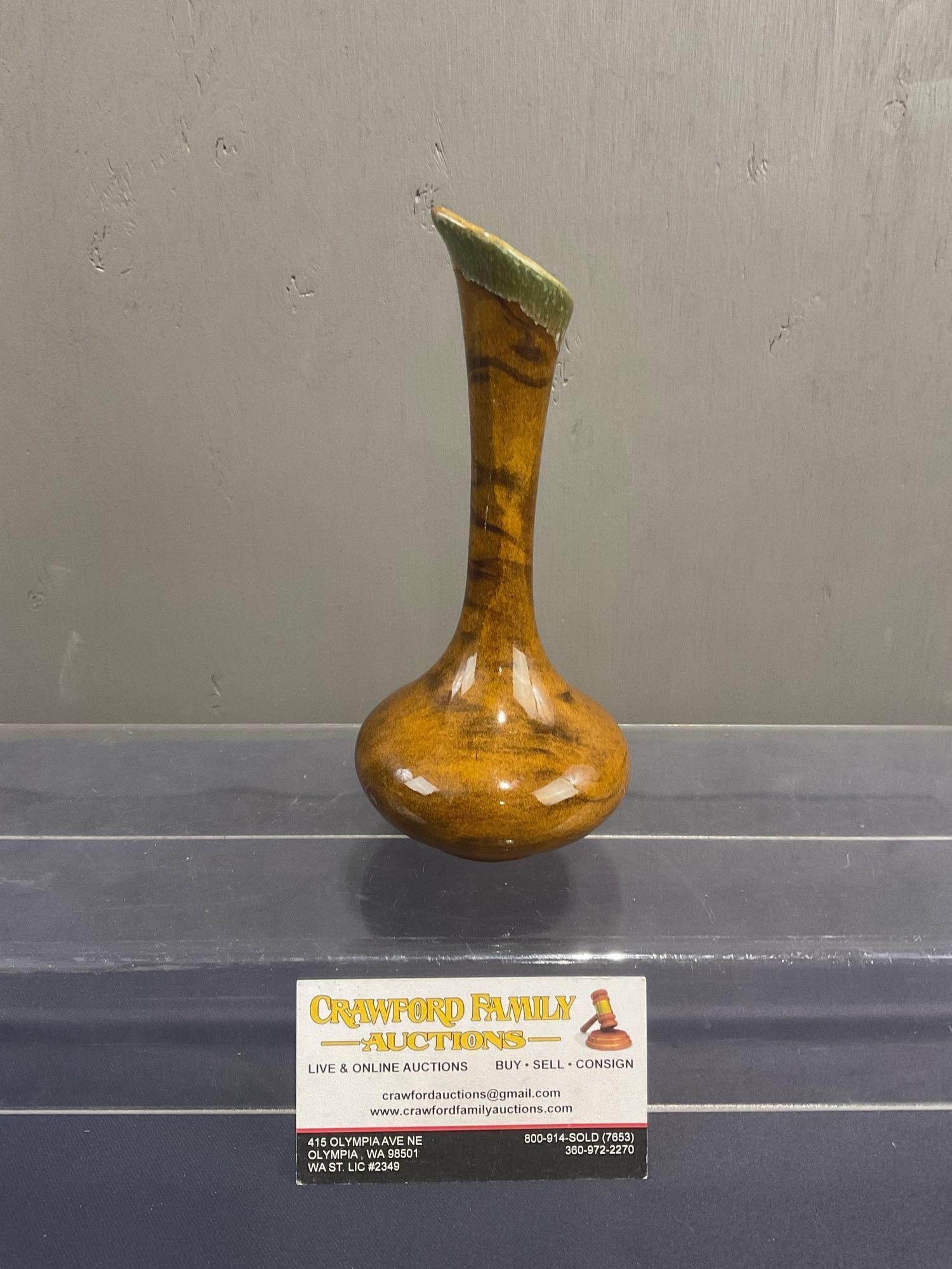 Early 20th Century Van Briggle Bud Vase, 7 inches tall, Brown w/ Green Rim Finish, signed on bottom (1 of 3)